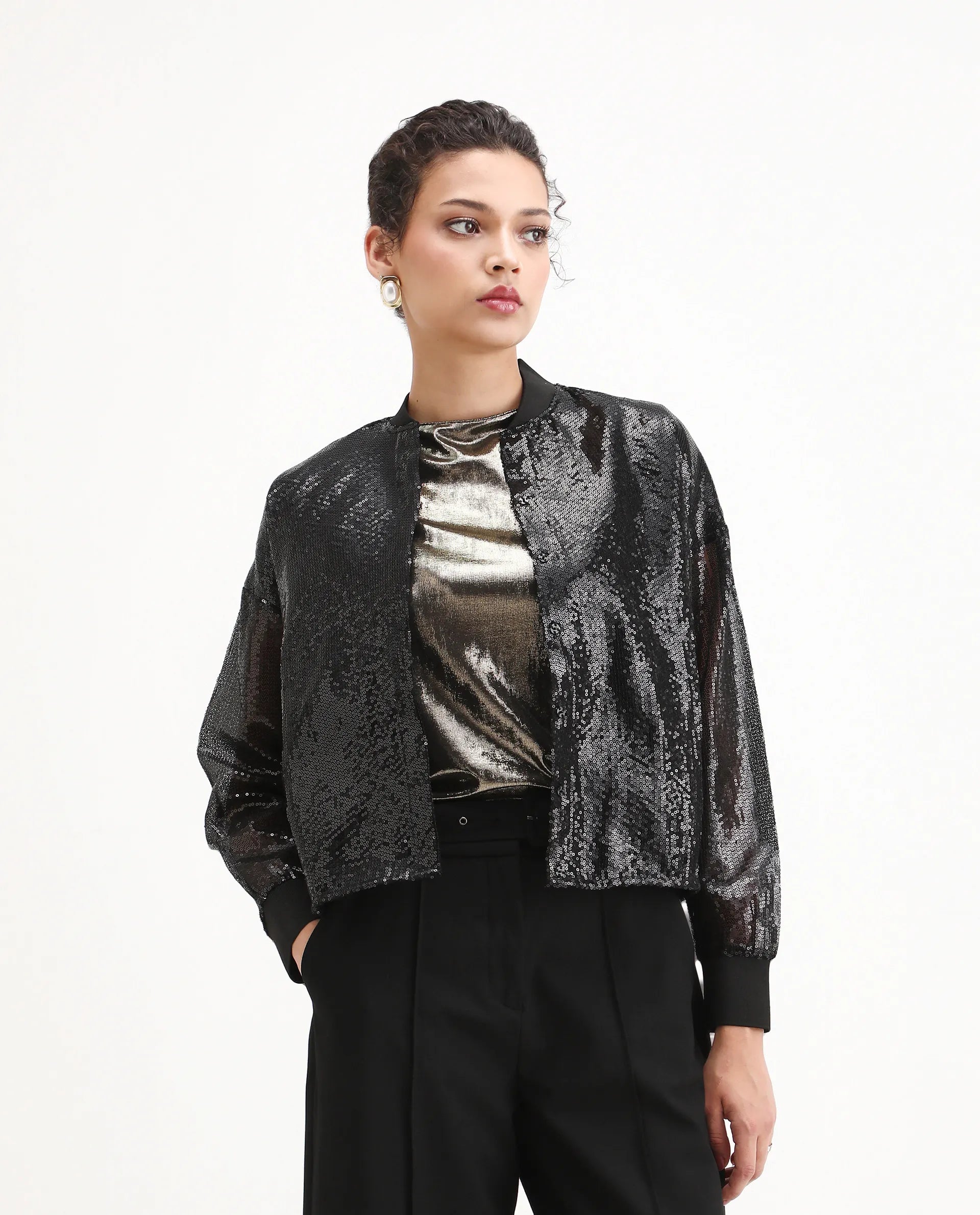 Rareism Women's Aviuby Black Polyester Ribbed Collar Regular Fit Jacket