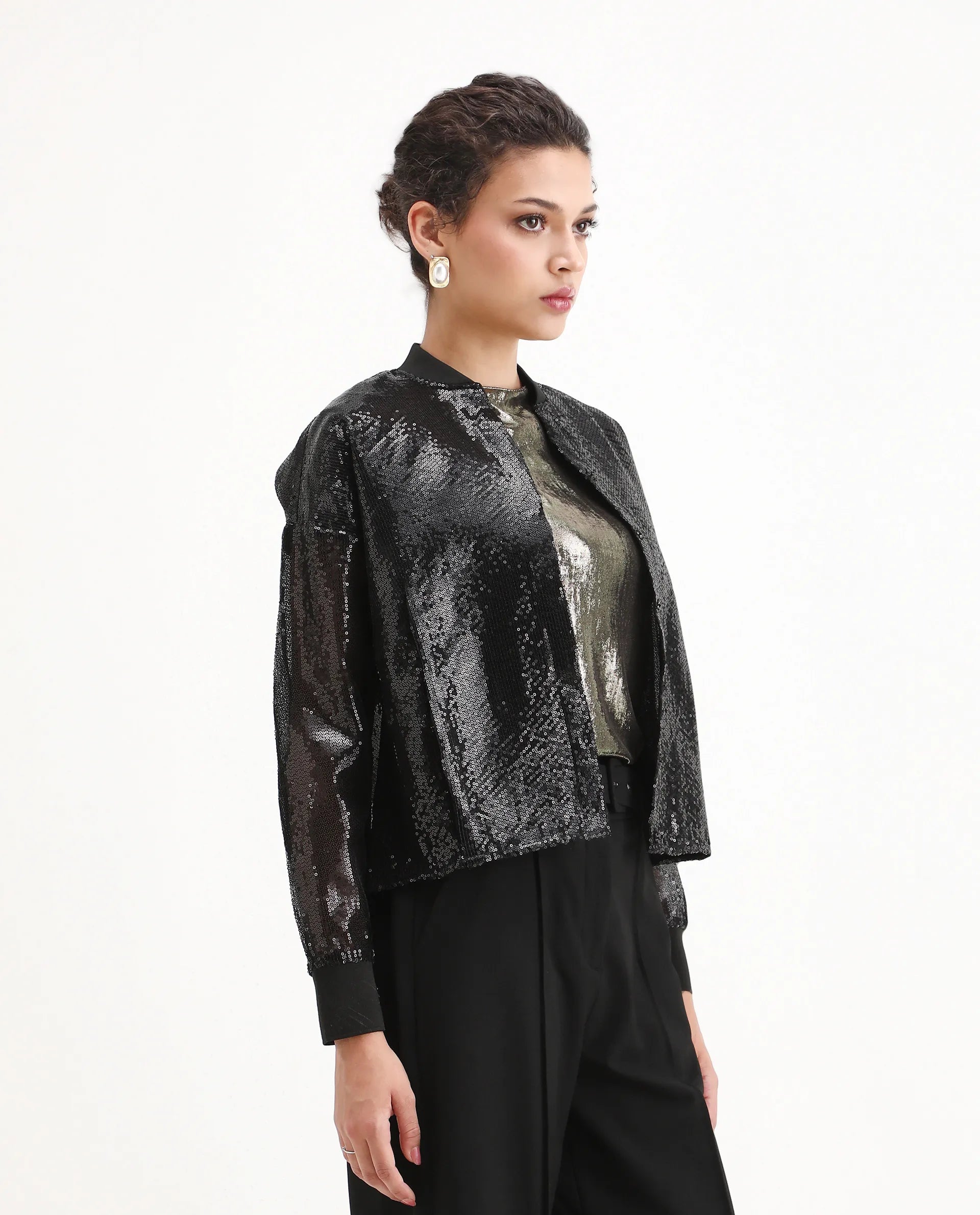 Rareism Women's Aviuby Black Polyester Ribbed Collar Regular Fit Jacket