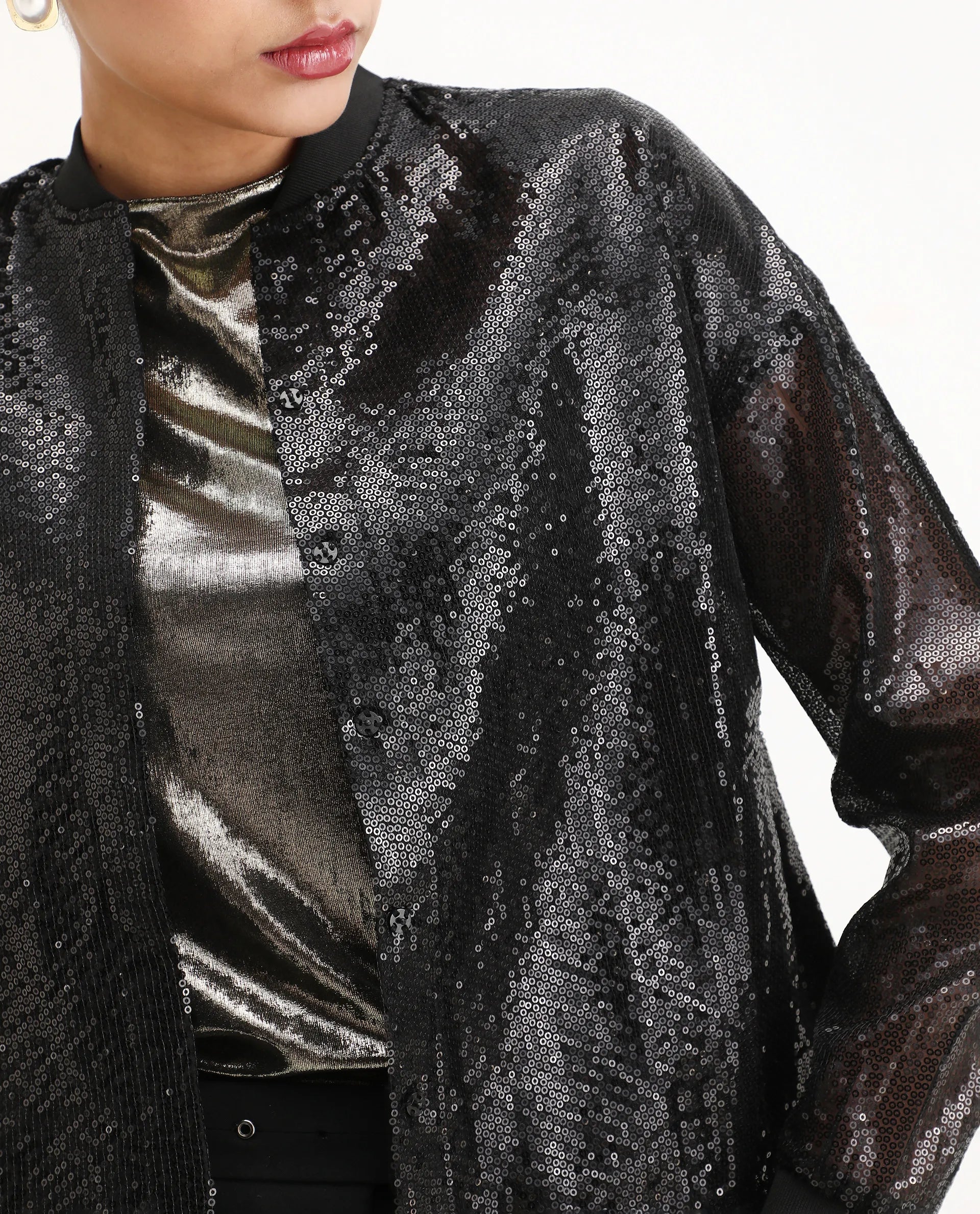 Rareism Women's Aviuby Black Polyester Ribbed Collar Regular Fit Jacket