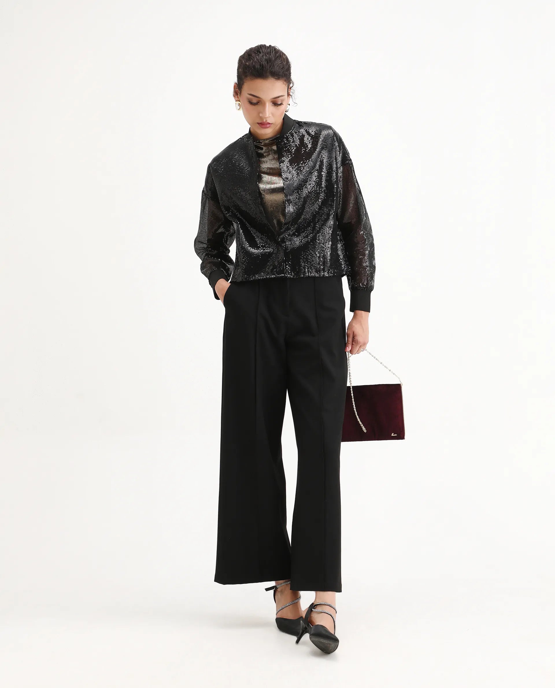 Rareism Women's Aviuby Black Polyester Ribbed Collar Regular Fit Jacket