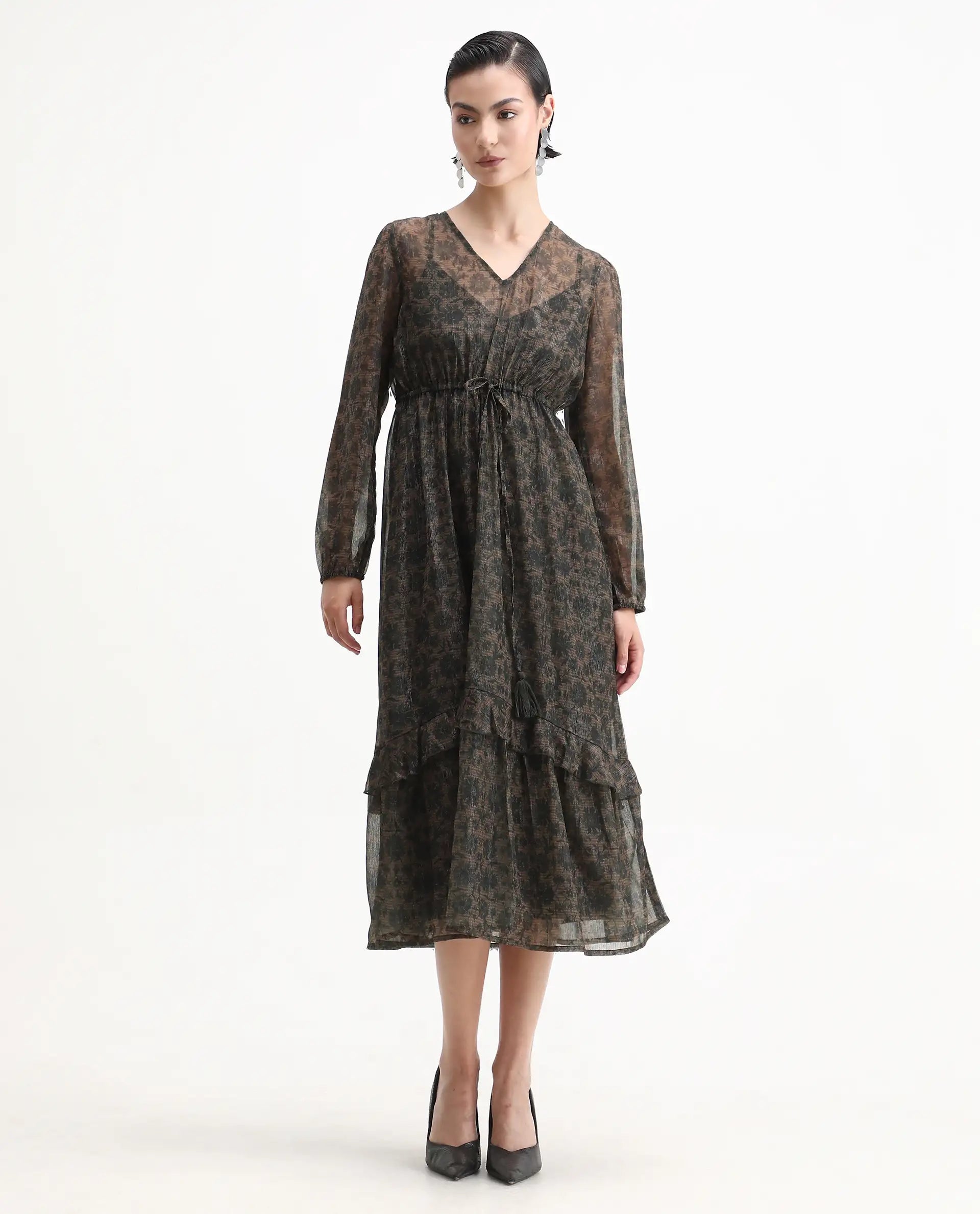 Rareism Women's Aviup Olive Polyester V-Neck Fit And Flare Floral Print Midi Dress