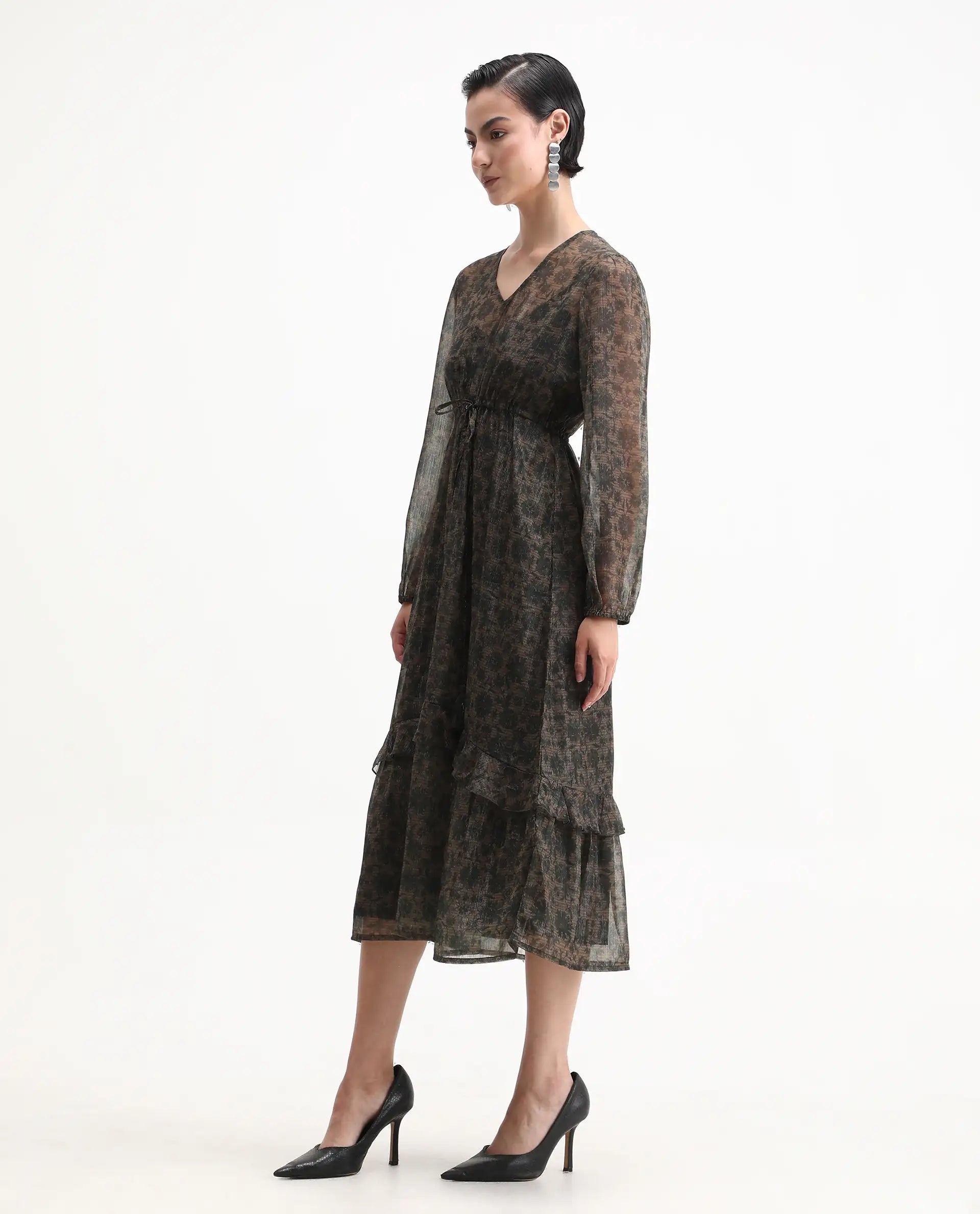 Rareism Women's Aviup Olive Polyester V-Neck Fit And Flare Floral Print Midi Dress