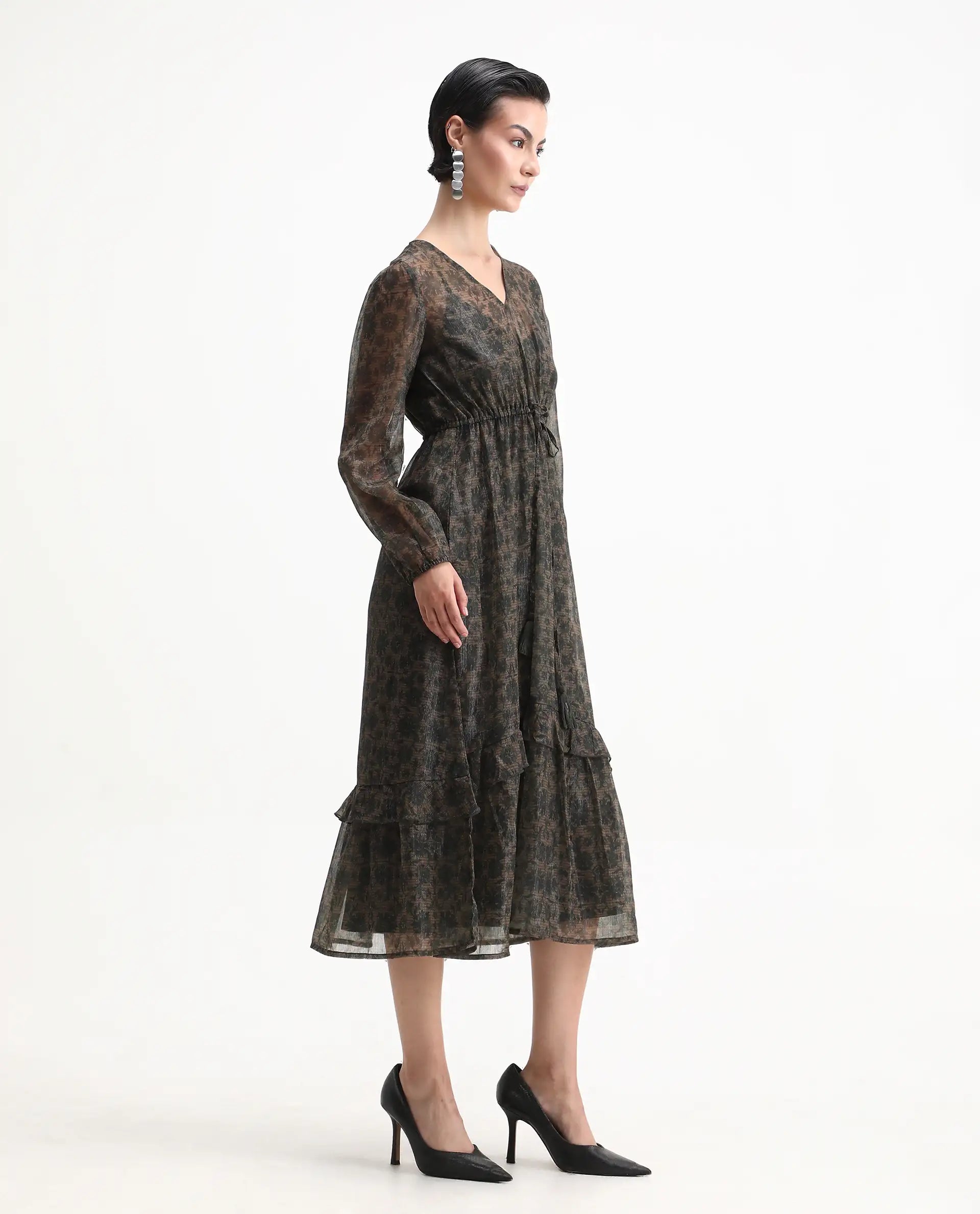 Rareism Women's Aviup Olive Polyester V-Neck Fit And Flare Floral Print Midi Dress