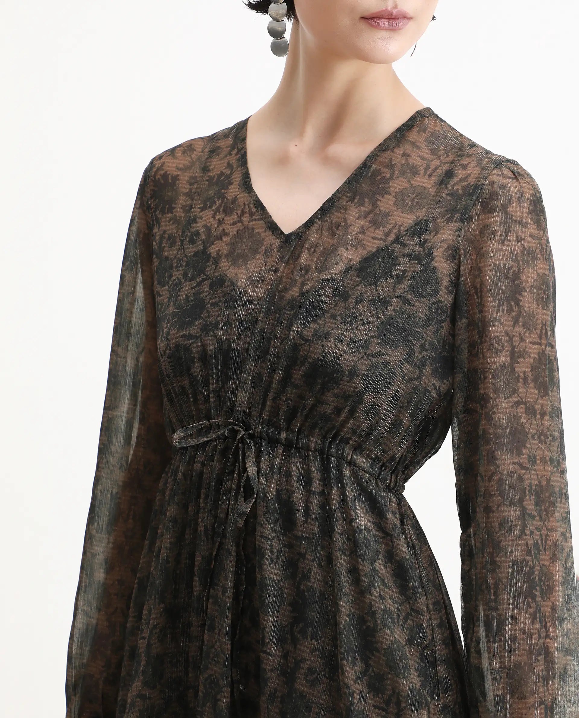 Rareism Women's Aviup Olive Polyester V-Neck Fit And Flare Floral Print Midi Dress