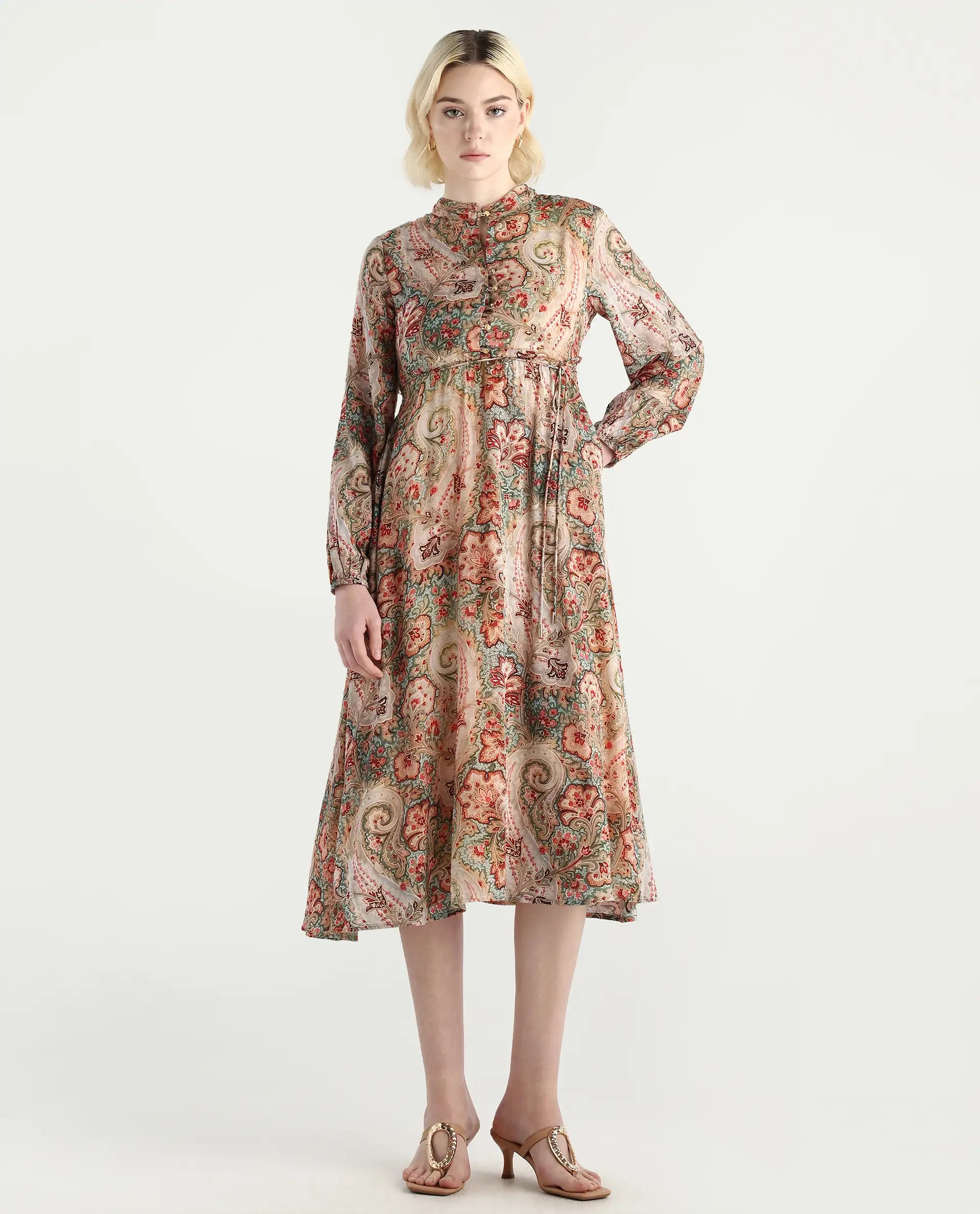 Rareism Women's Aviura Olive 100% Modal Band Collar Fit And Flare Printed Midi Dress