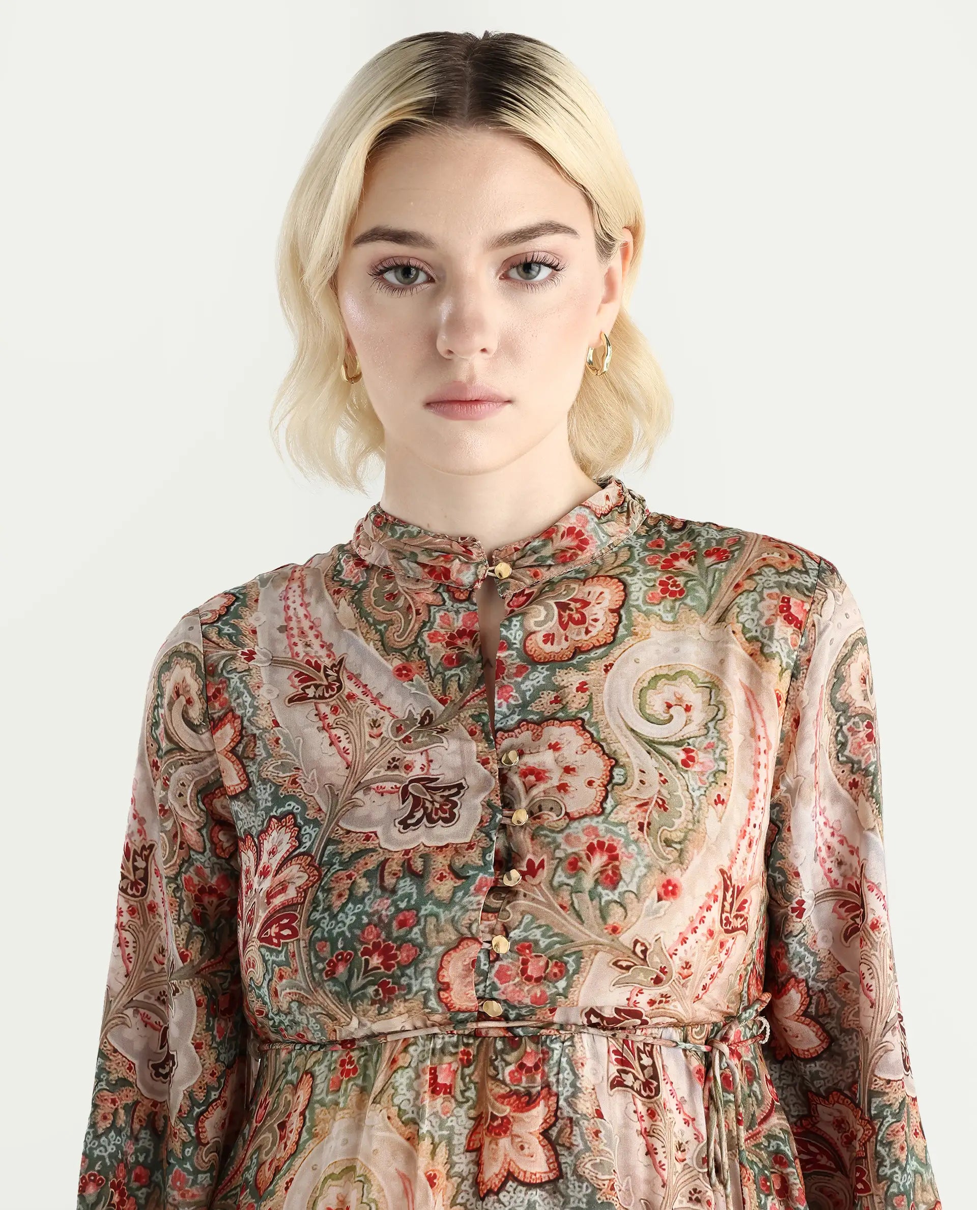 Rareism Women's Aviura Olive 100% Modal Band Collar Fit And Flare Printed Midi Dress