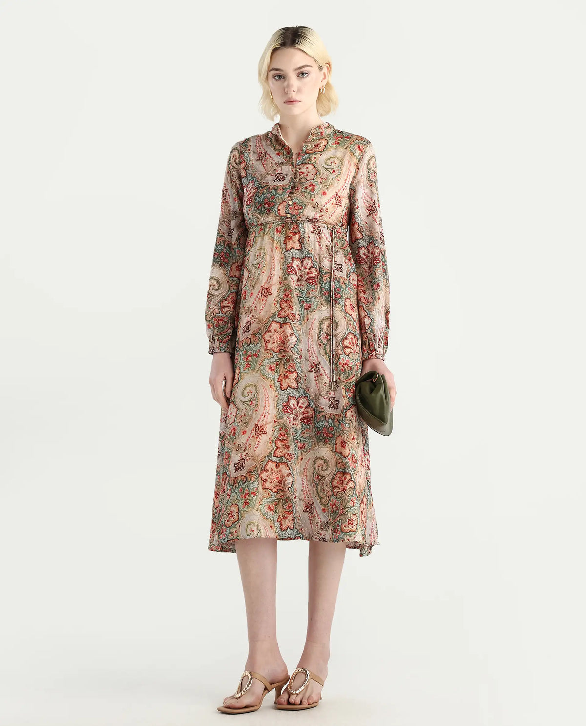 Rareism Women's Aviura Olive 100% Modal Band Collar Fit And Flare Printed Midi Dress
