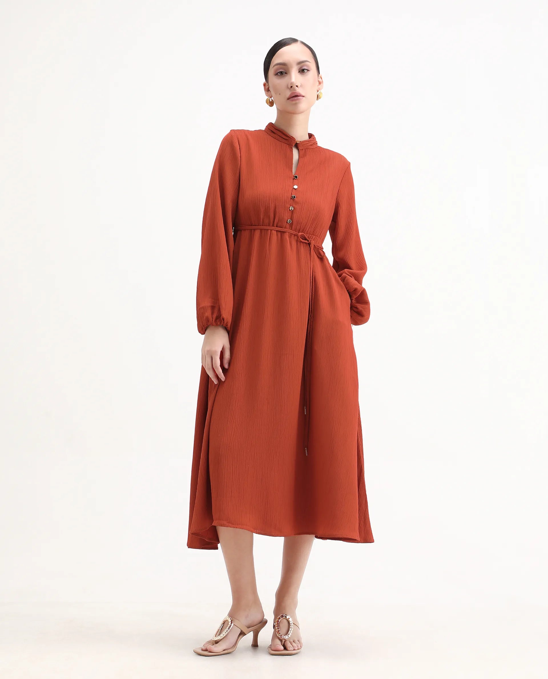 Rareism Women's Aviure Rust Polyester Band Collar Fit And Flare Plain Midi Dress