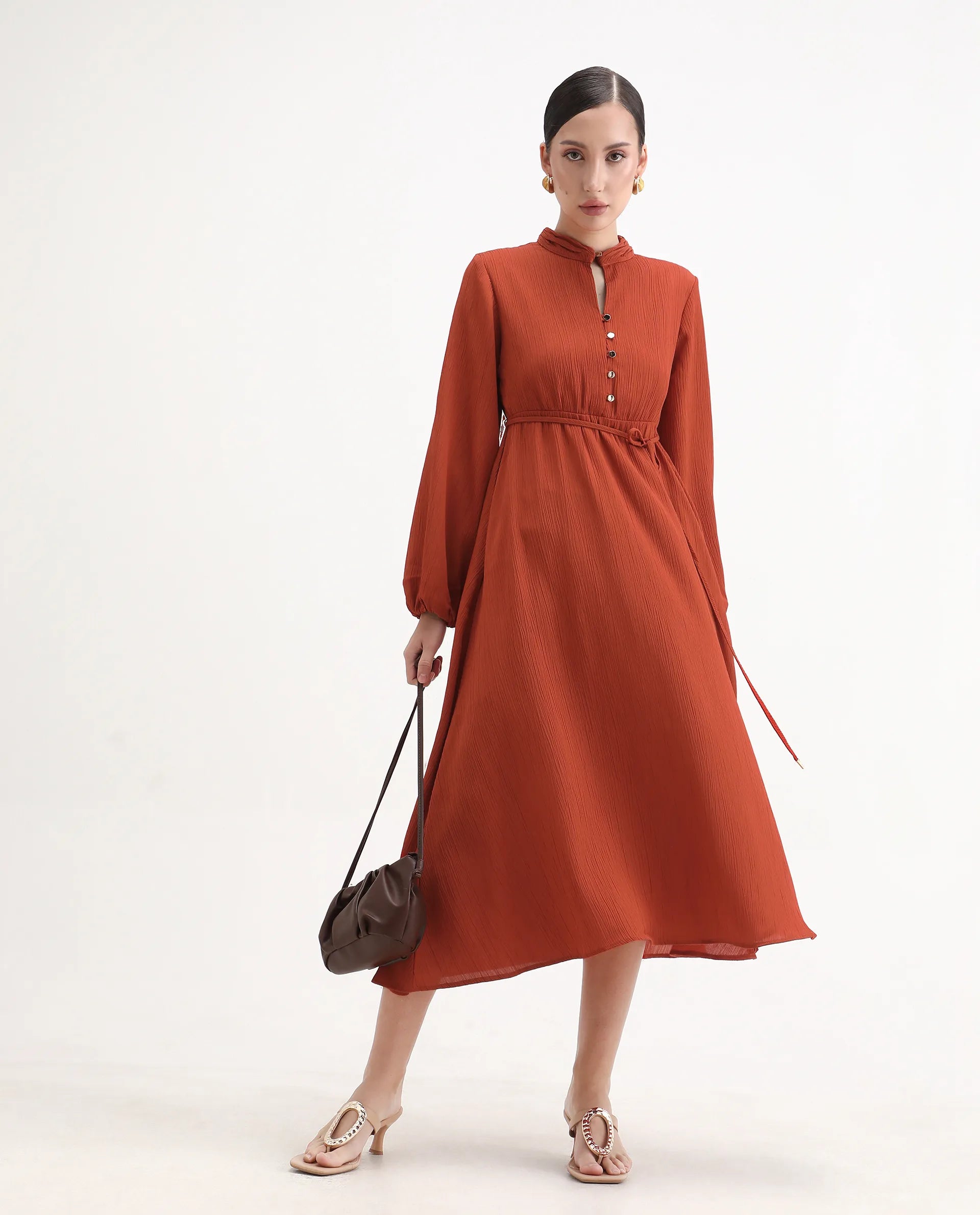 Rareism Women's Aviure Rust Polyester Band Collar Fit And Flare Plain Midi Dress