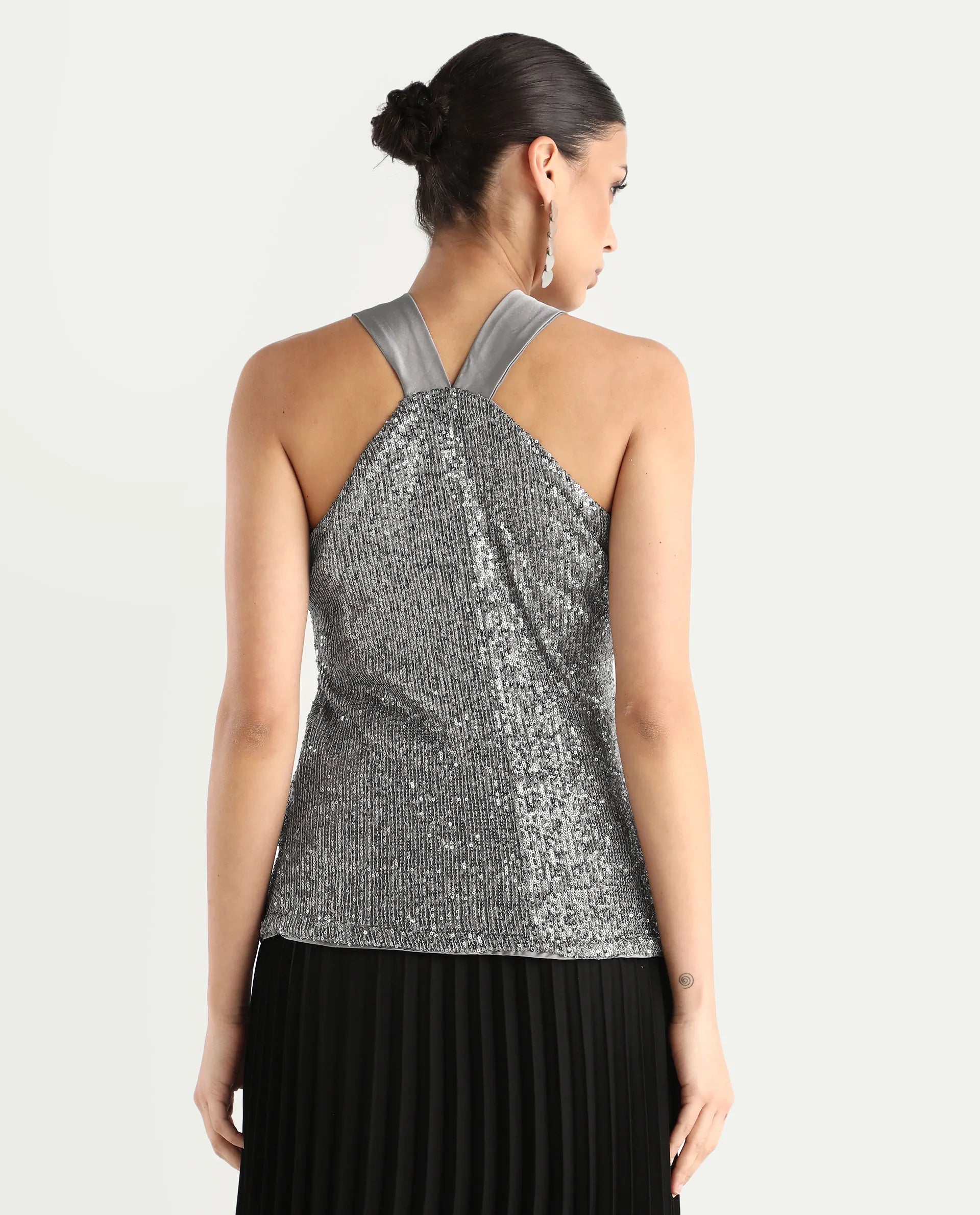 Rareism Women's Aviv Metallic Grey Cotton Blend Halter Neck Sequined Sleeveless Regular Fit Top