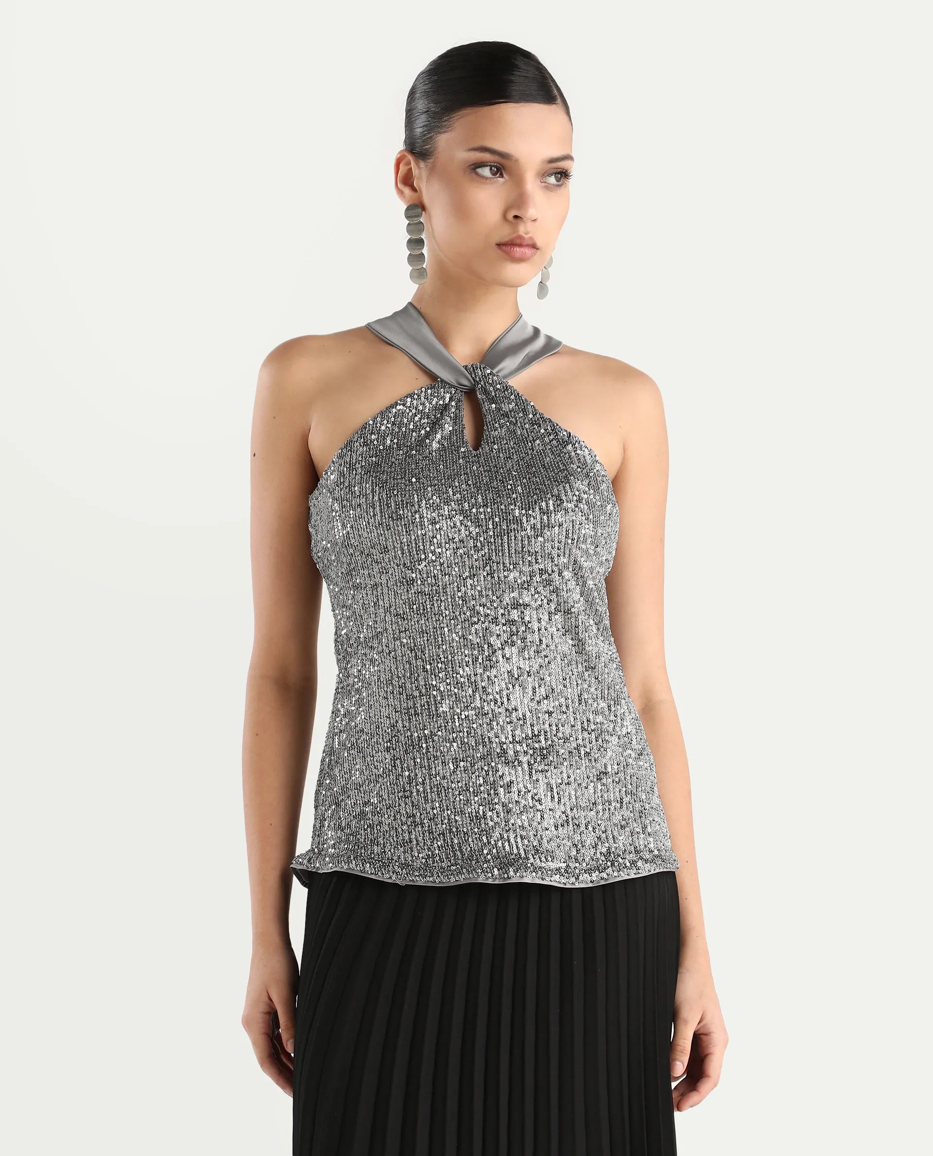 Rareism Women's Aviv Metallic Grey Cotton Blend Halter Neck Sequined Sleeveless Regular Fit Top