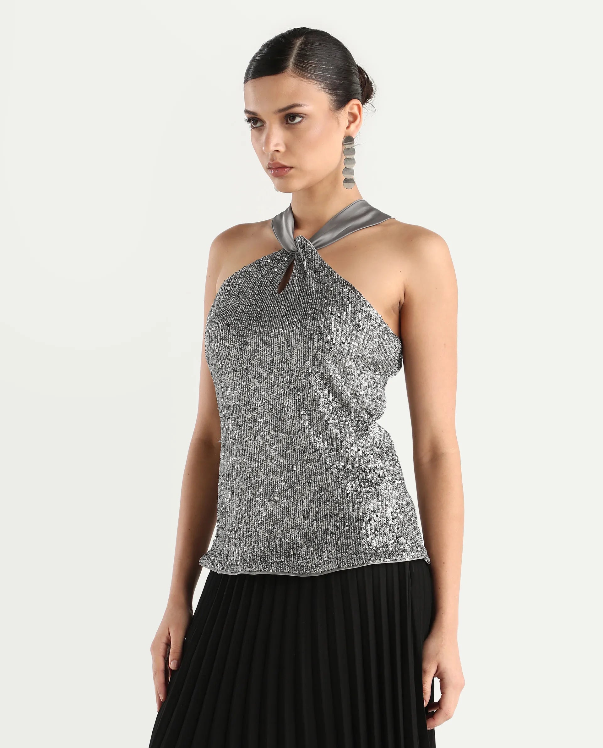 Rareism Women's Aviv Metallic Grey Cotton Blend Halter Neck Sequined Sleeveless Regular Fit Top