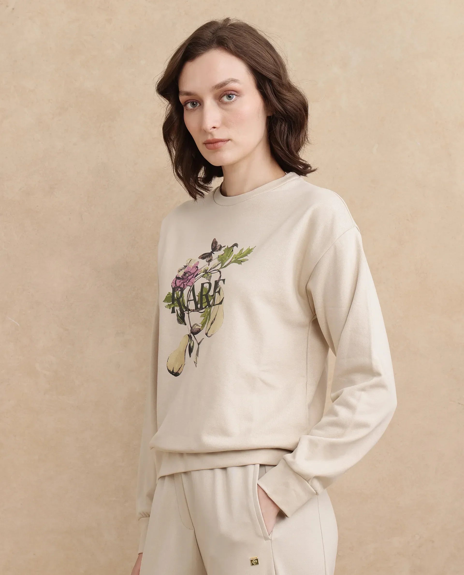 Rareism Women's Avoca Beige Cotton Blend Crew Neck Floral Print Regular Fit Sweatshirt