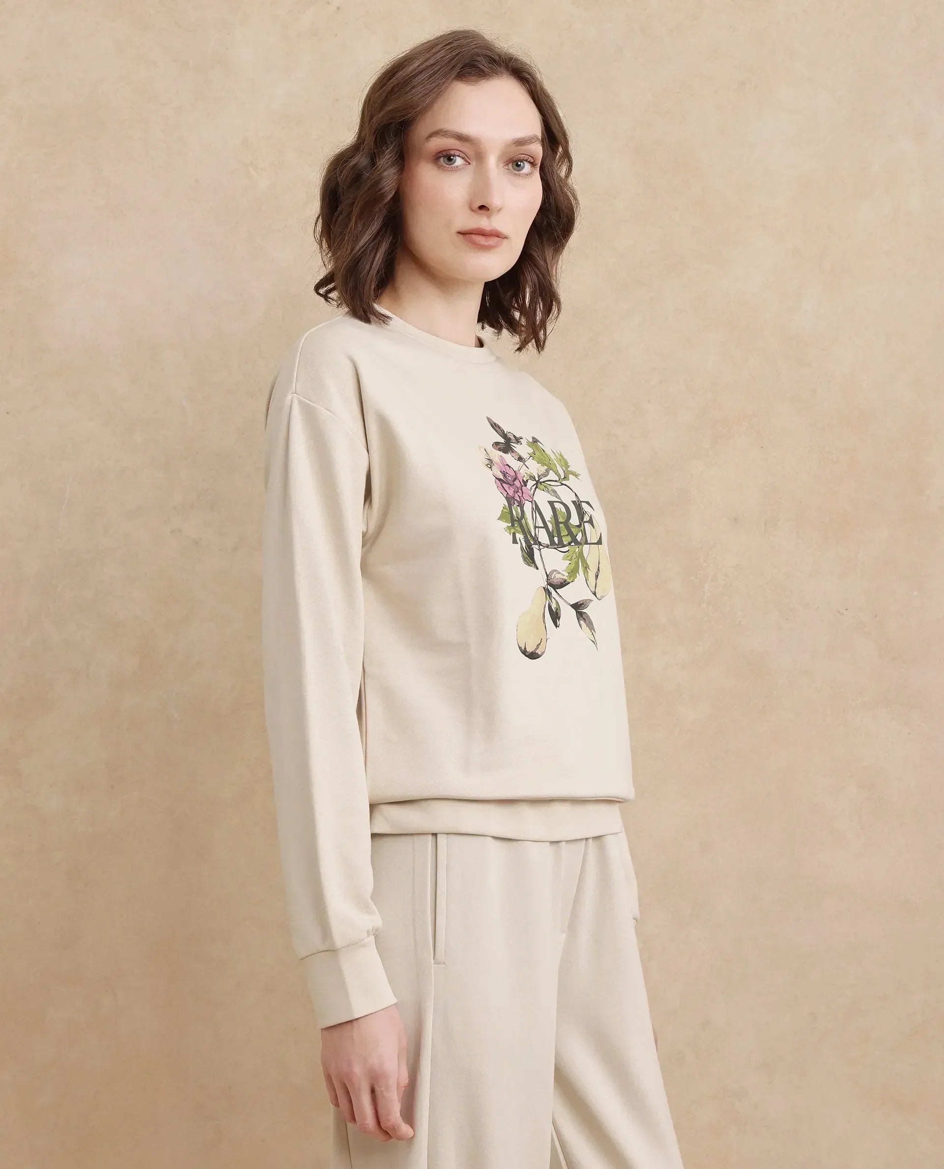 Rareism Women's Avoca Beige Cotton Blend Crew Neck Floral Print Regular Fit Sweatshirt