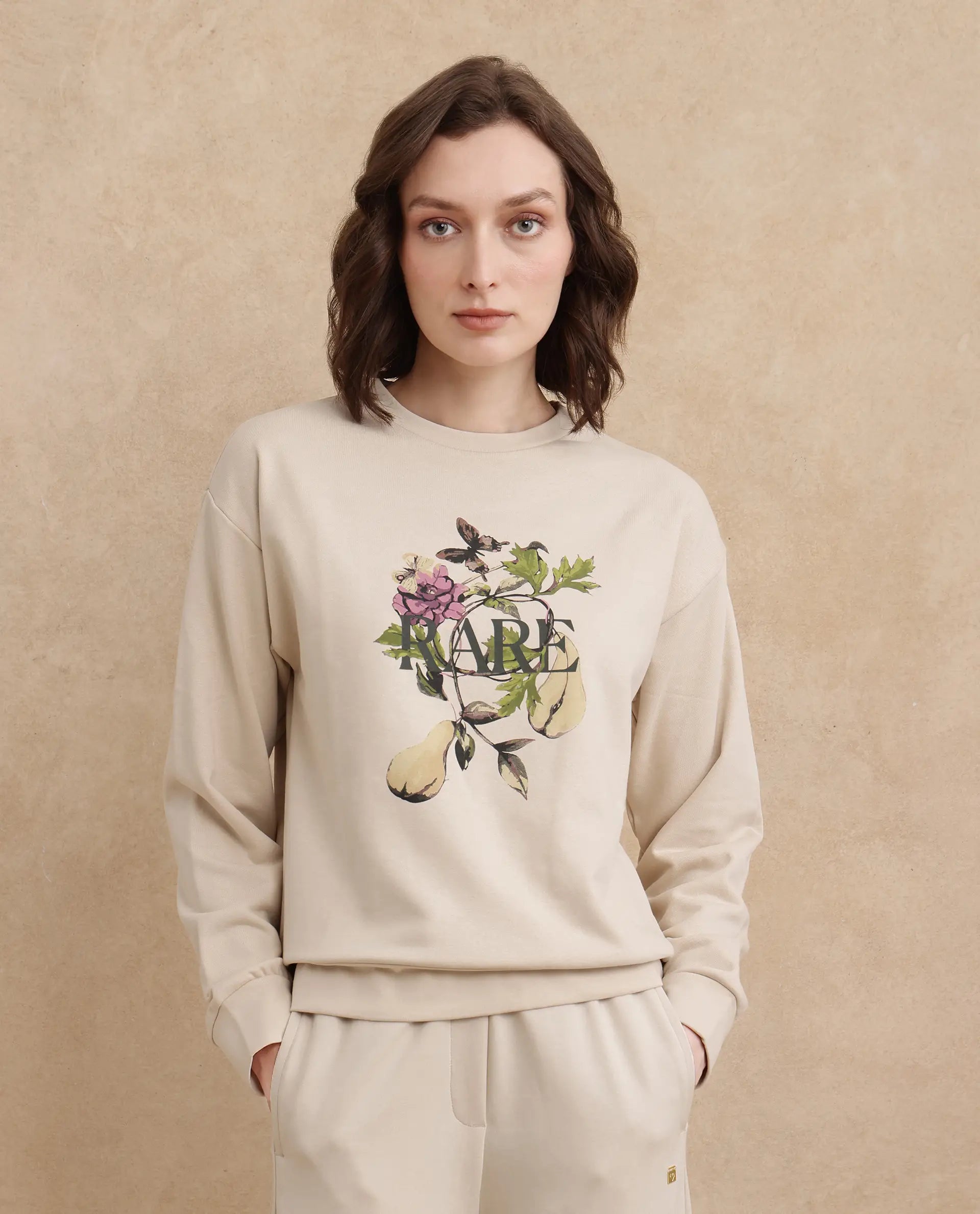Rareism Women's Avoca Beige Cotton Blend Crew Neck Floral Print Regular Fit Sweatshirt
