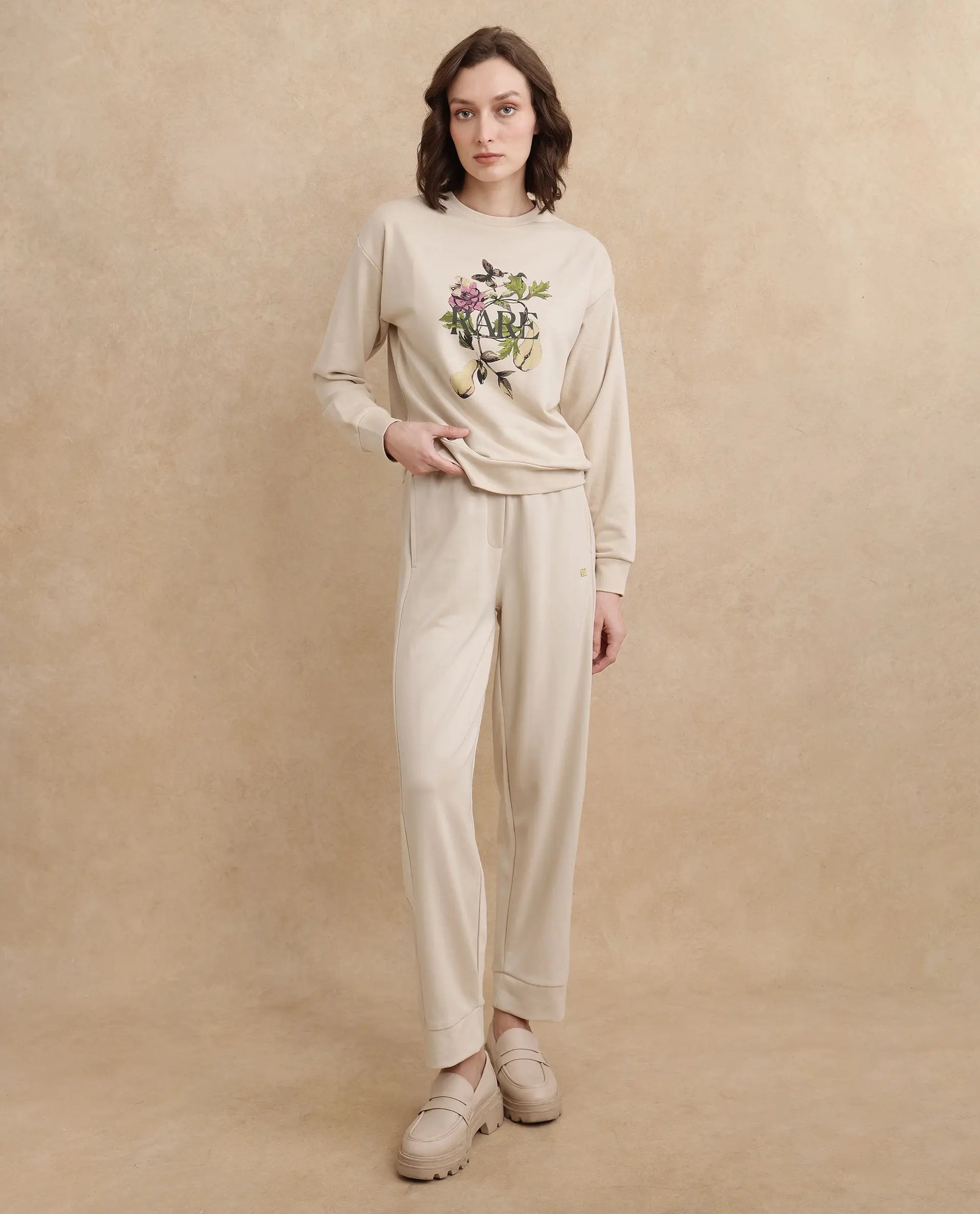 Rareism Women's Avoca Beige Cotton Blend Crew Neck Floral Print Regular Fit Sweatshirt