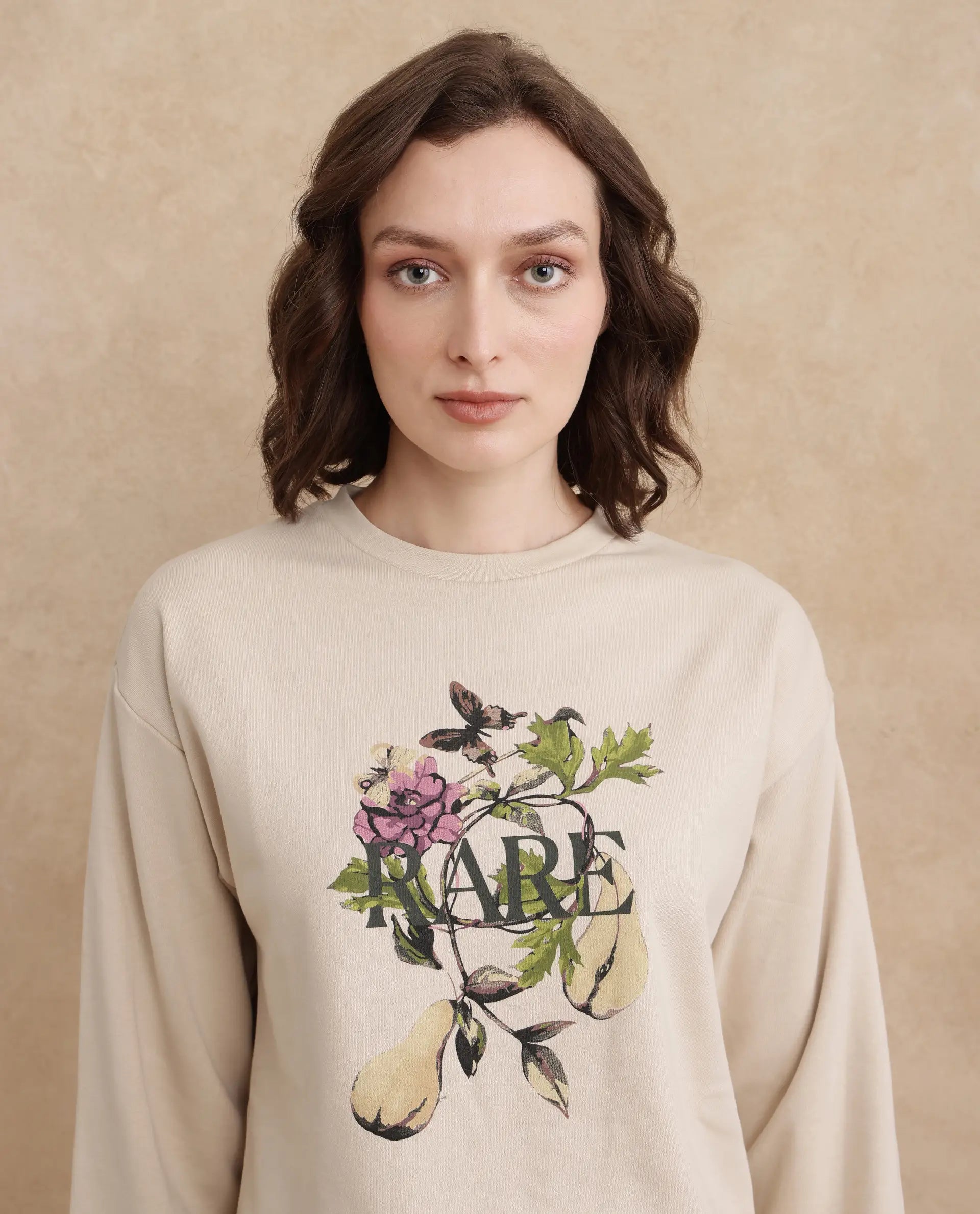 Rareism Women's Avoca Beige Cotton Blend Crew Neck Floral Print Regular Fit Sweatshirt