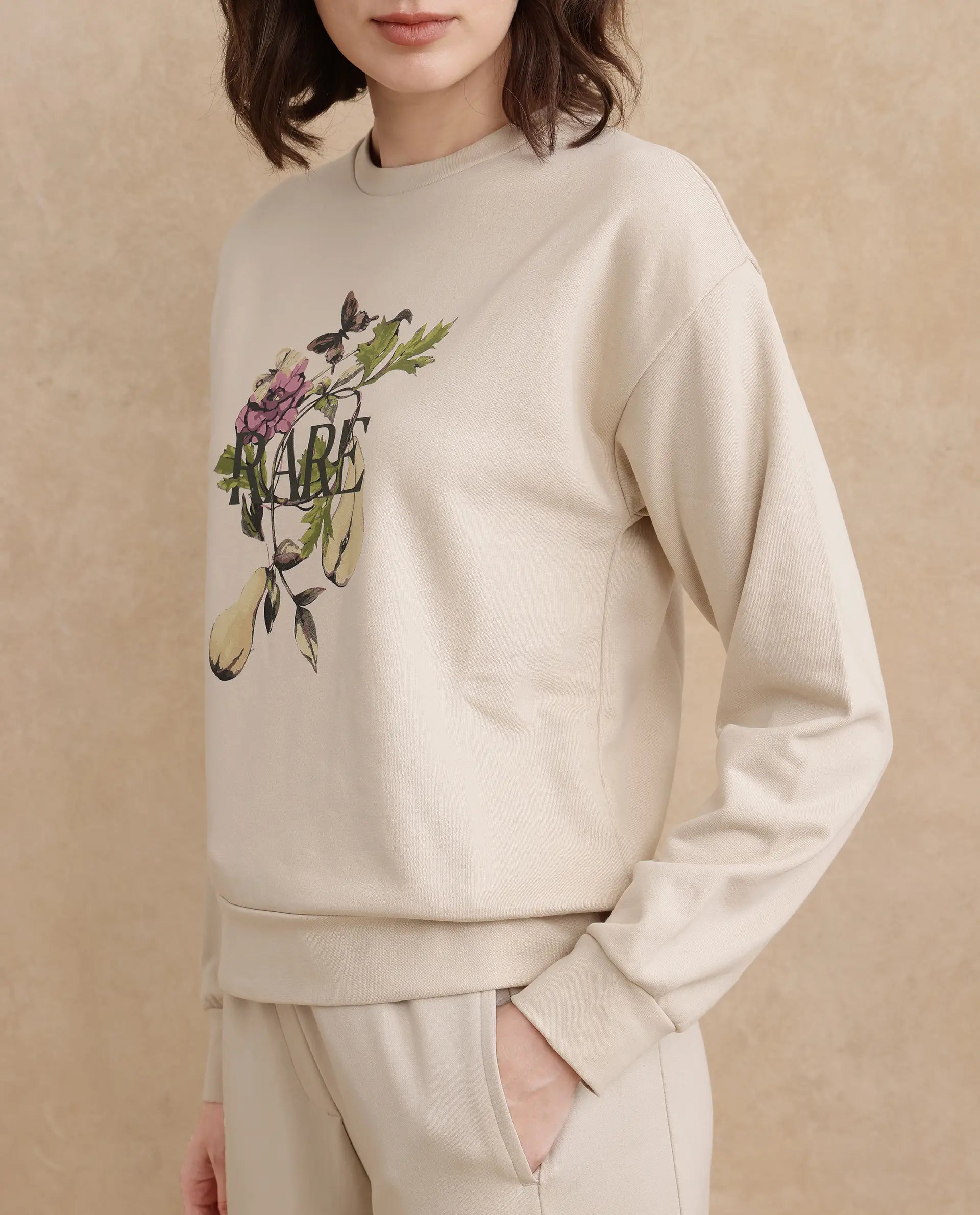 Rareism Women's Avoca Beige Cotton Blend Crew Neck Floral Print Regular Fit Sweatshirt