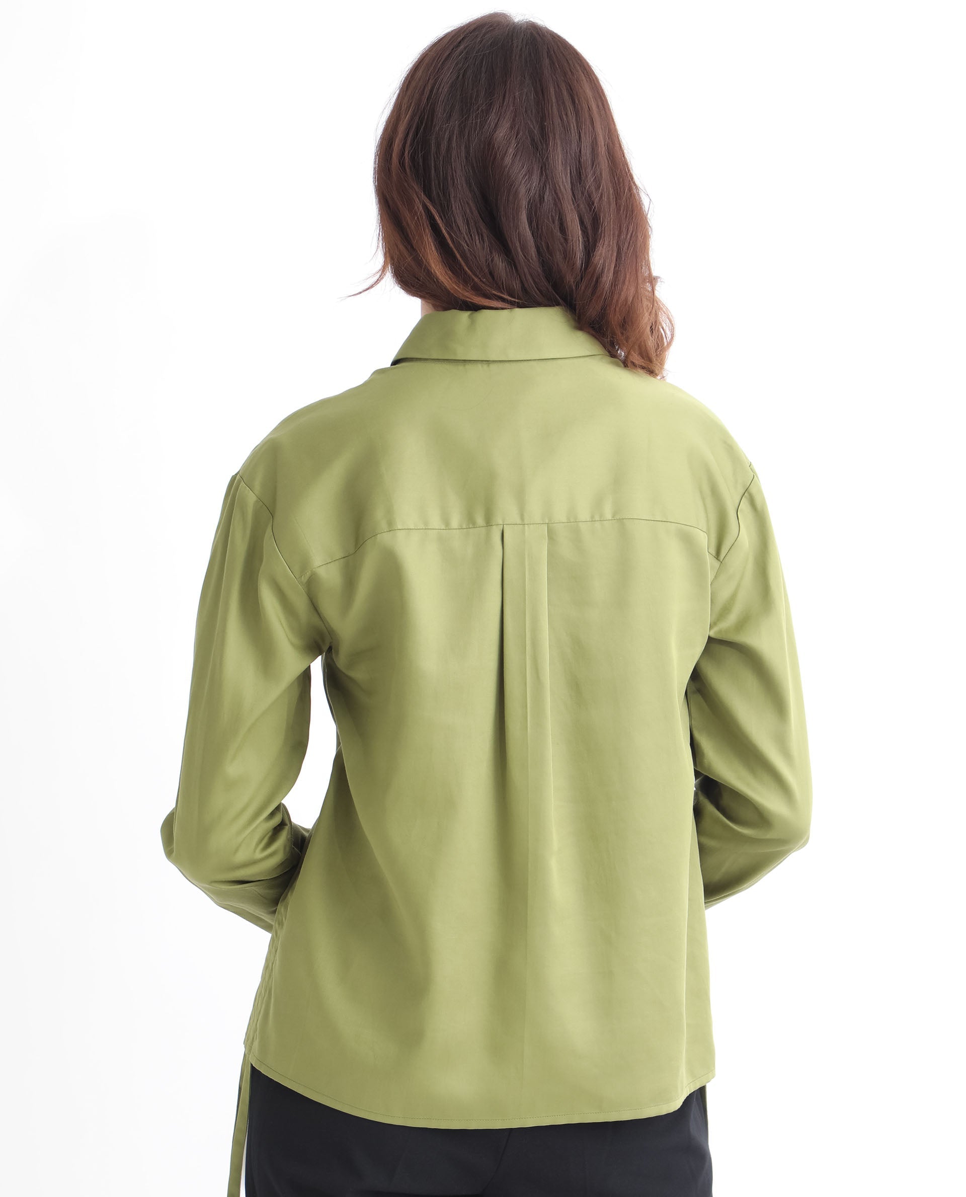 Rareism Women's Avocado Olive Cotton Spread Collar Plain Regular Fit Top