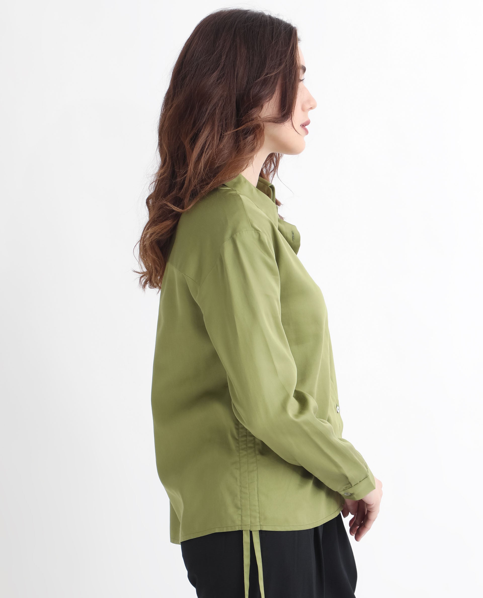 Rareism Women's Avocado Olive Cotton Spread Collar Plain Regular Fit Top
