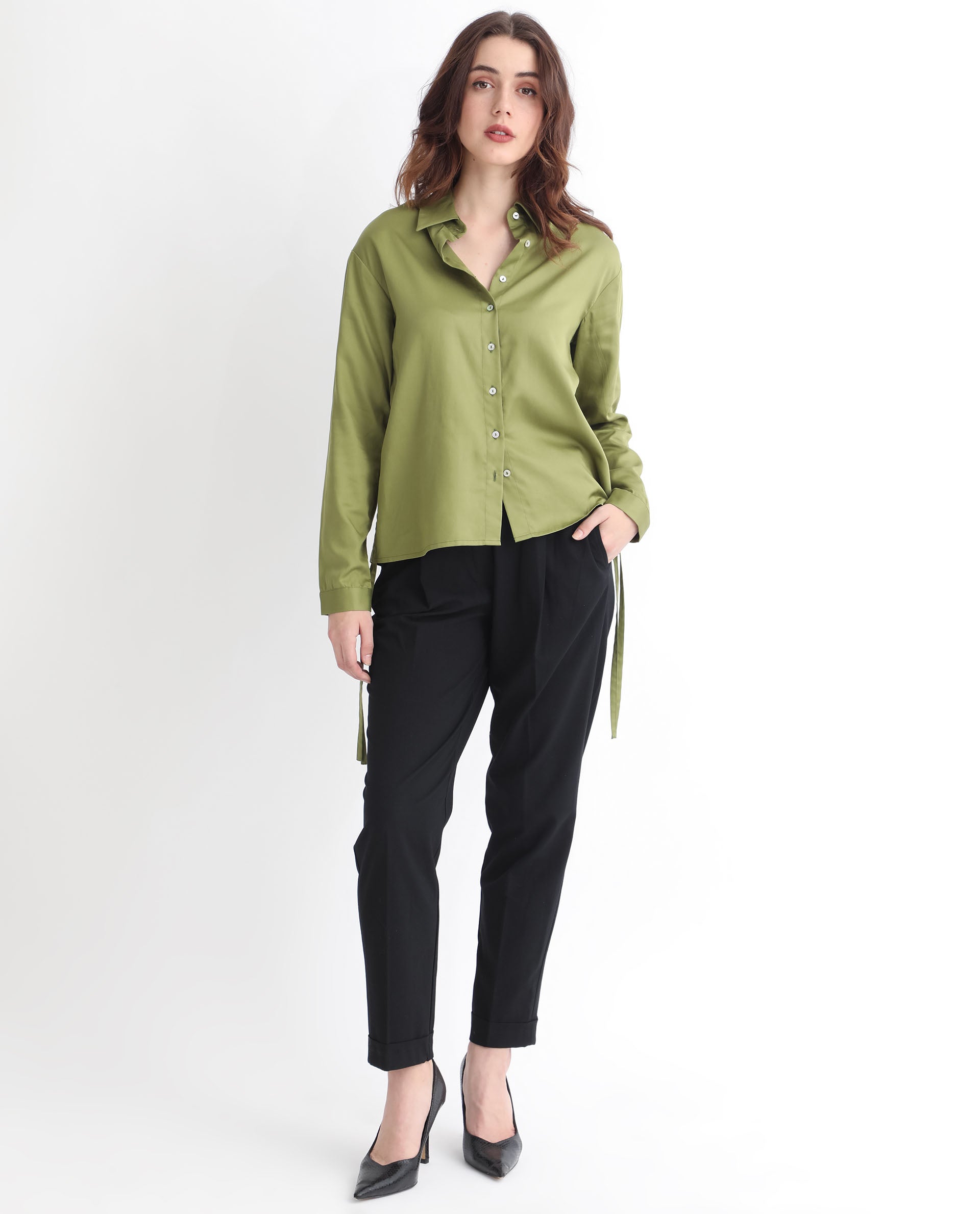 Rareism Women's Avocado Olive Cotton Spread Collar Plain Regular Fit Top