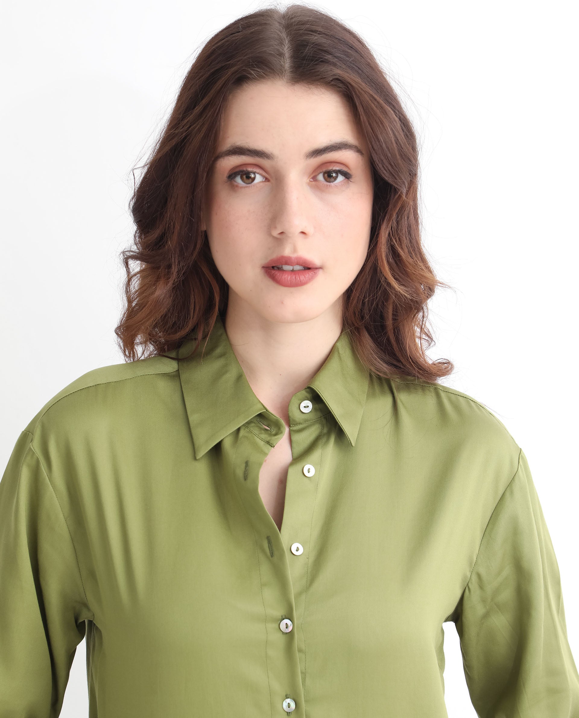 Rareism Women's Avocado Olive Cotton Spread Collar Plain Regular Fit Top