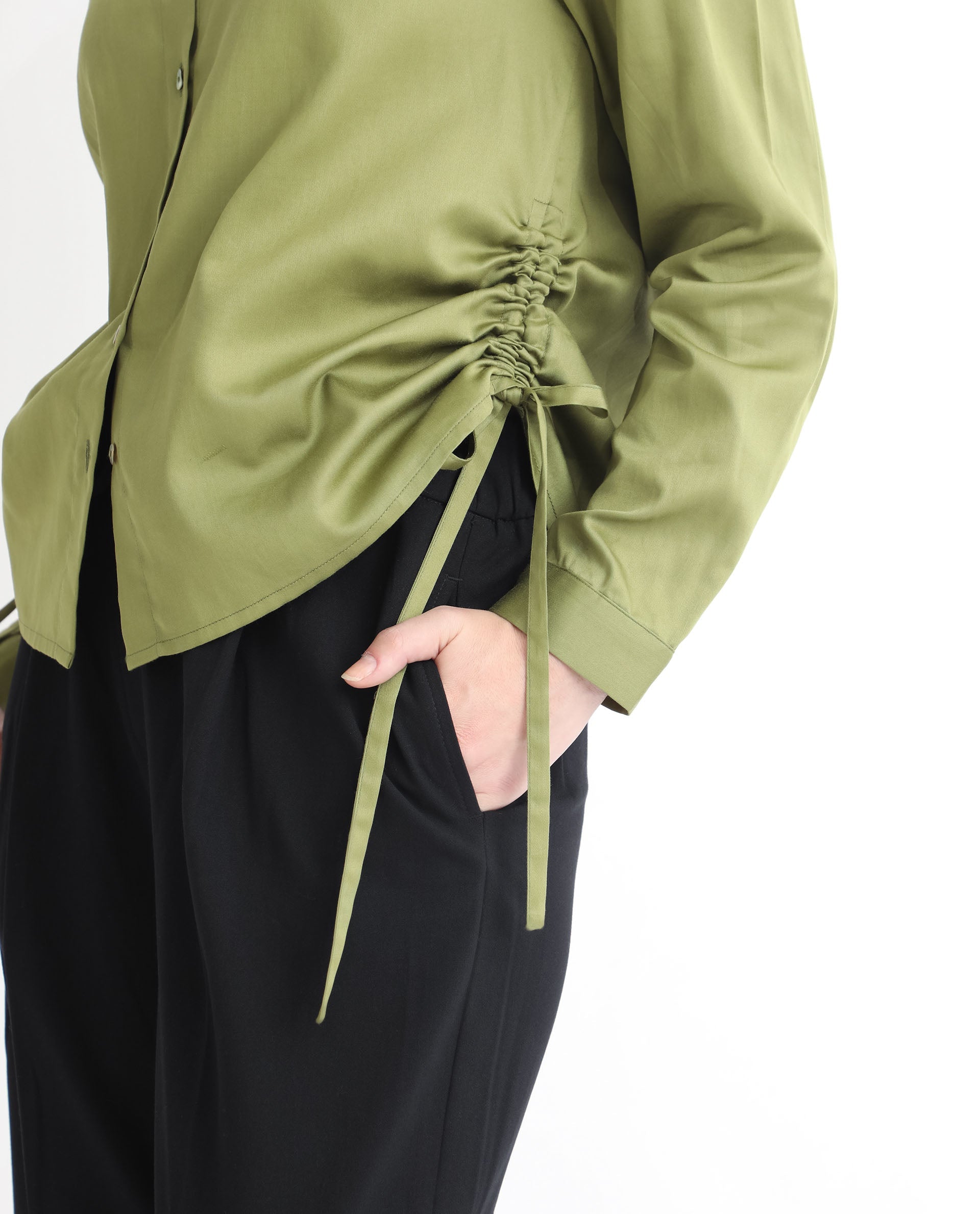 Rareism Women's Avocado Olive Cotton Spread Collar Plain Regular Fit Top