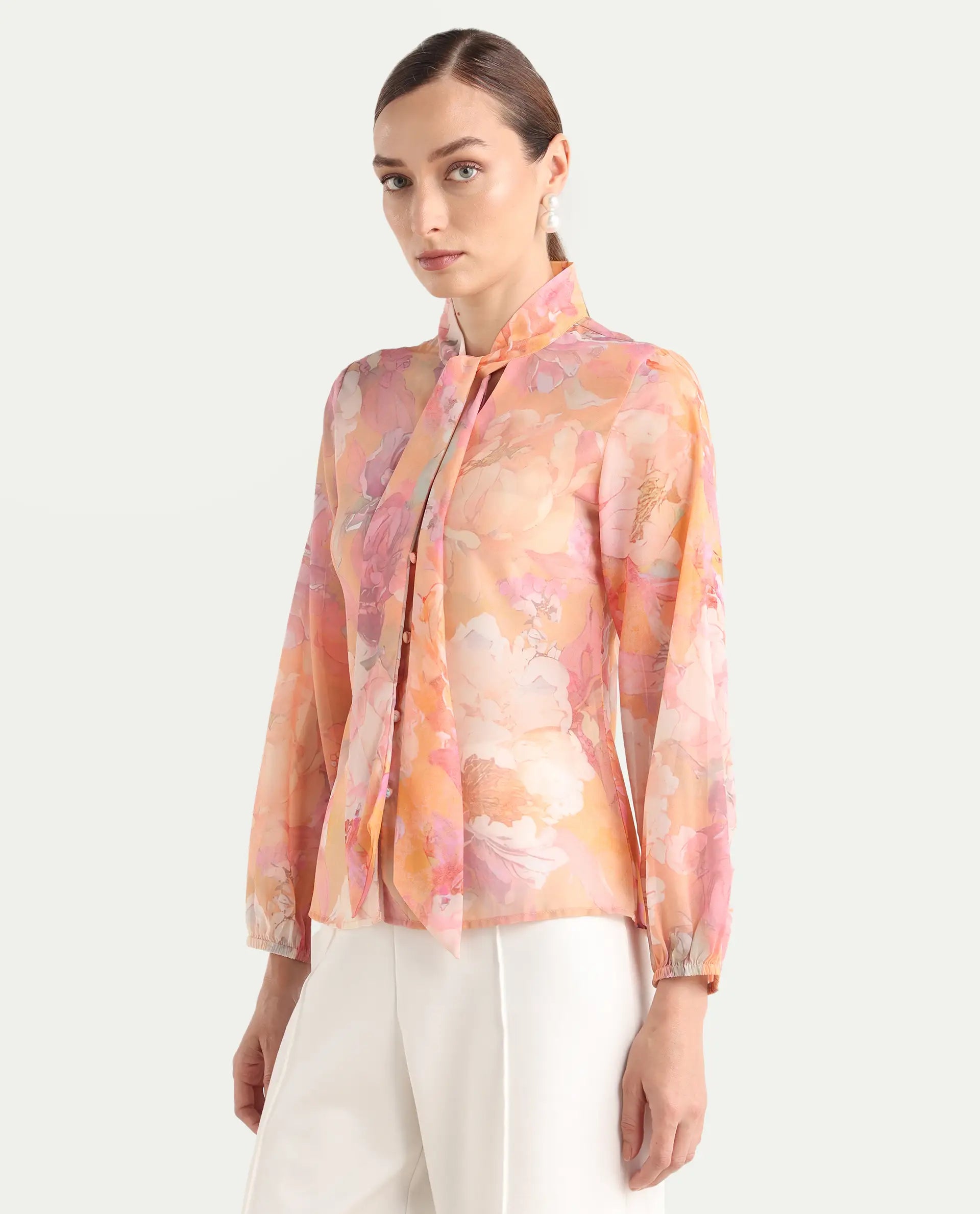 Rareism Women's Avoin Light Multi Polyester Tie-Up Regular Floral Print Top