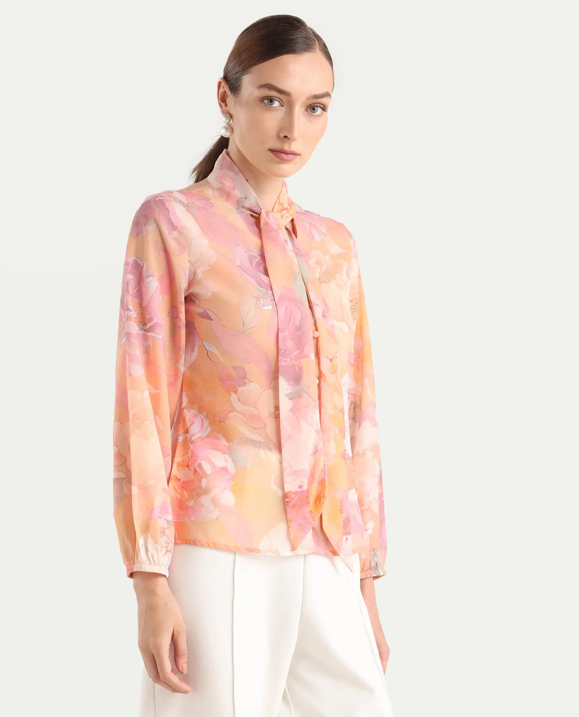Rareism Women's Avoin Light Multi Polyester Tie-Up Regular Floral Print Top