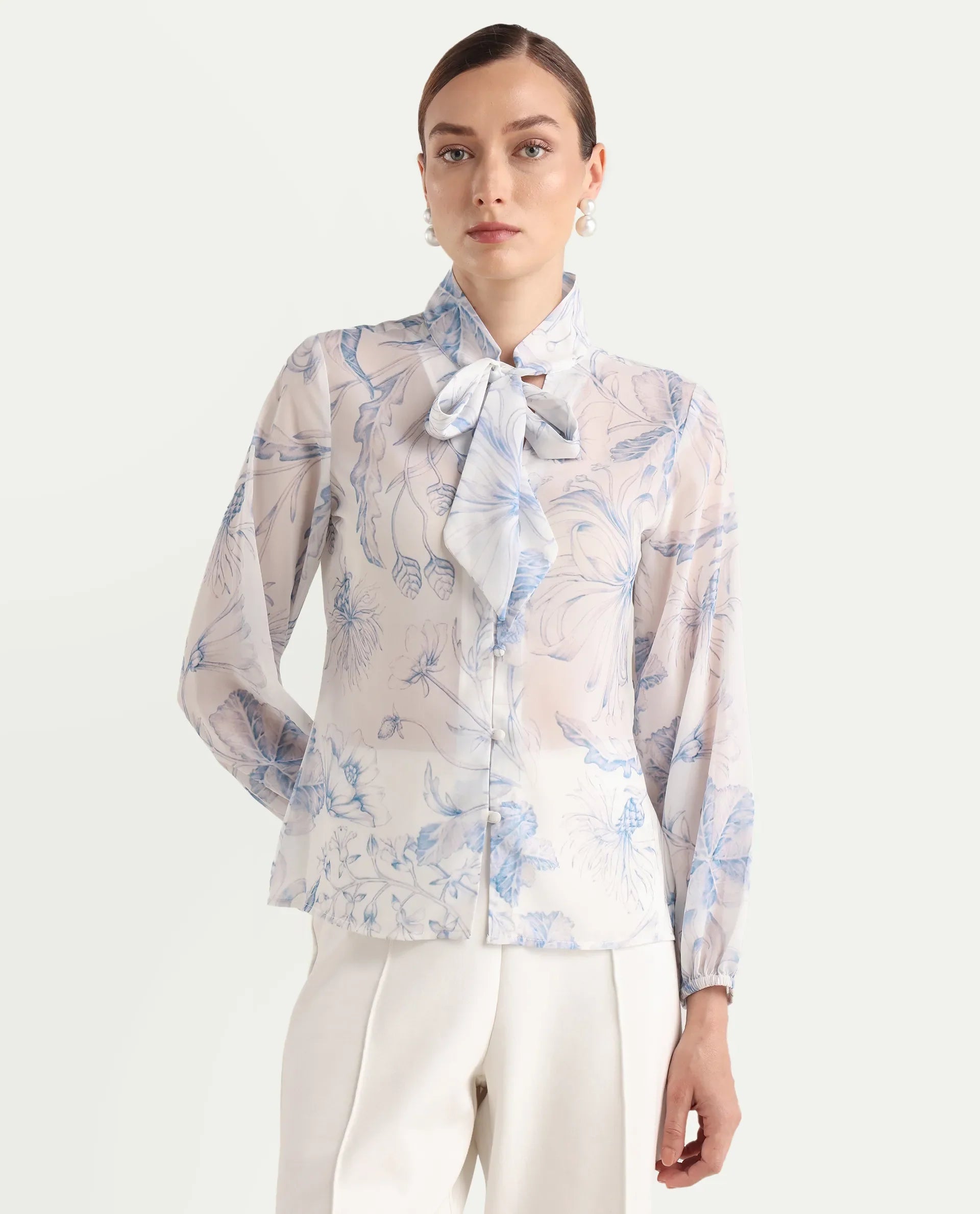 Rareism Women's Avoi White Polyester Tie-Up Regular Floral Print Top