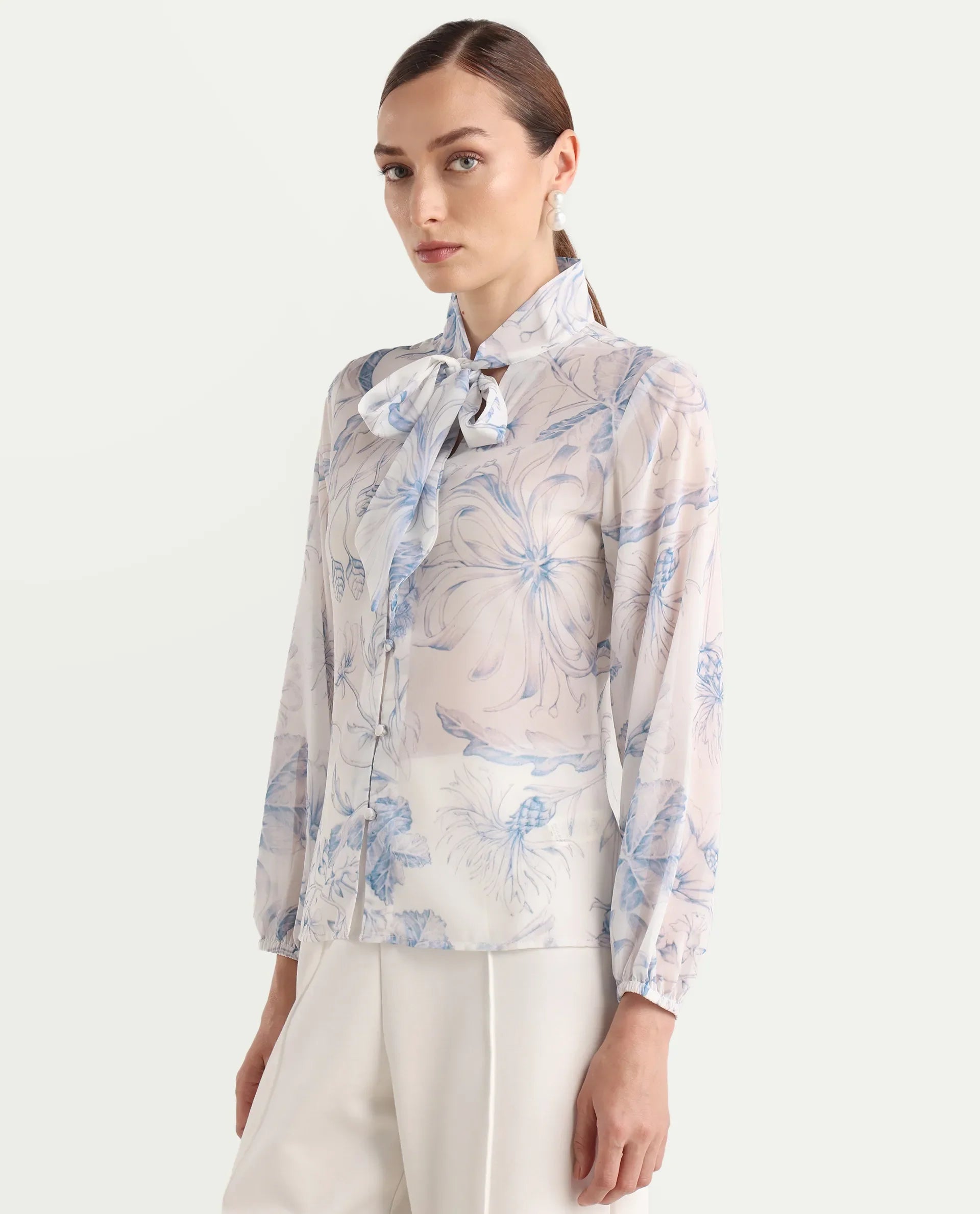 Rareism Women's Avoi White Polyester Tie-Up Regular Floral Print Top