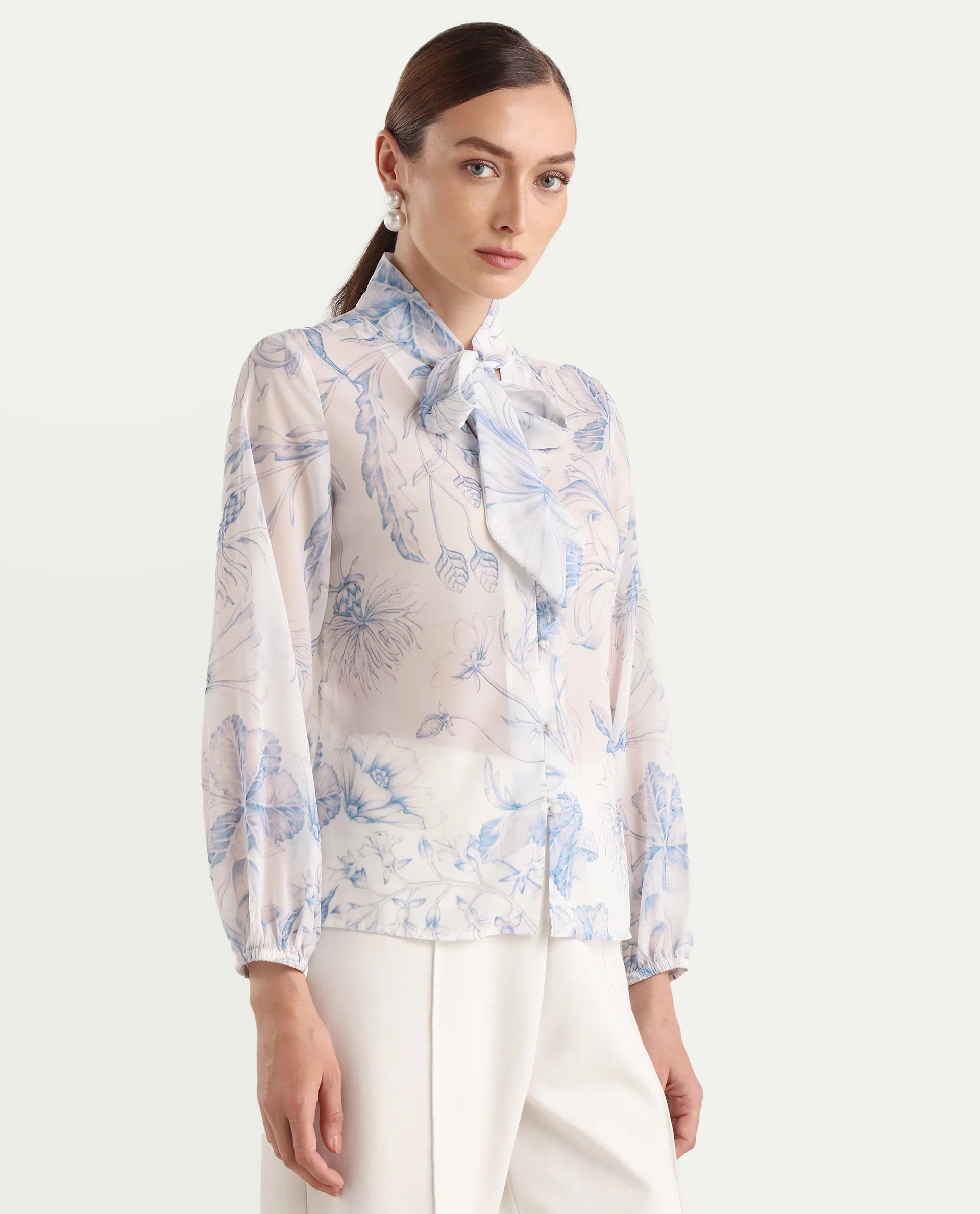 Rareism Women's Avoi White Polyester Tie-Up Regular Floral Print Top