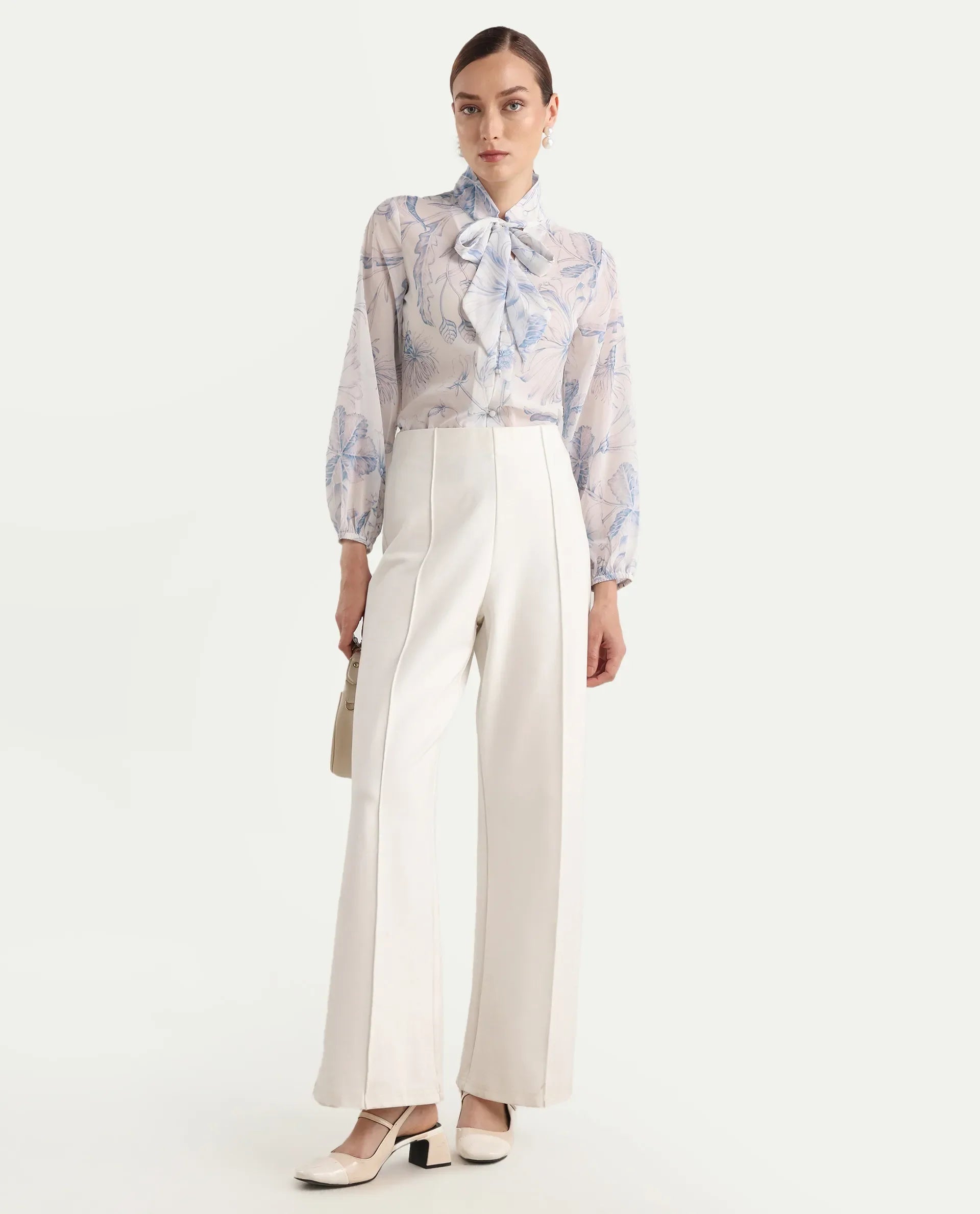 Rareism Women's Avoi White Polyester Tie-Up Regular Floral Print Top