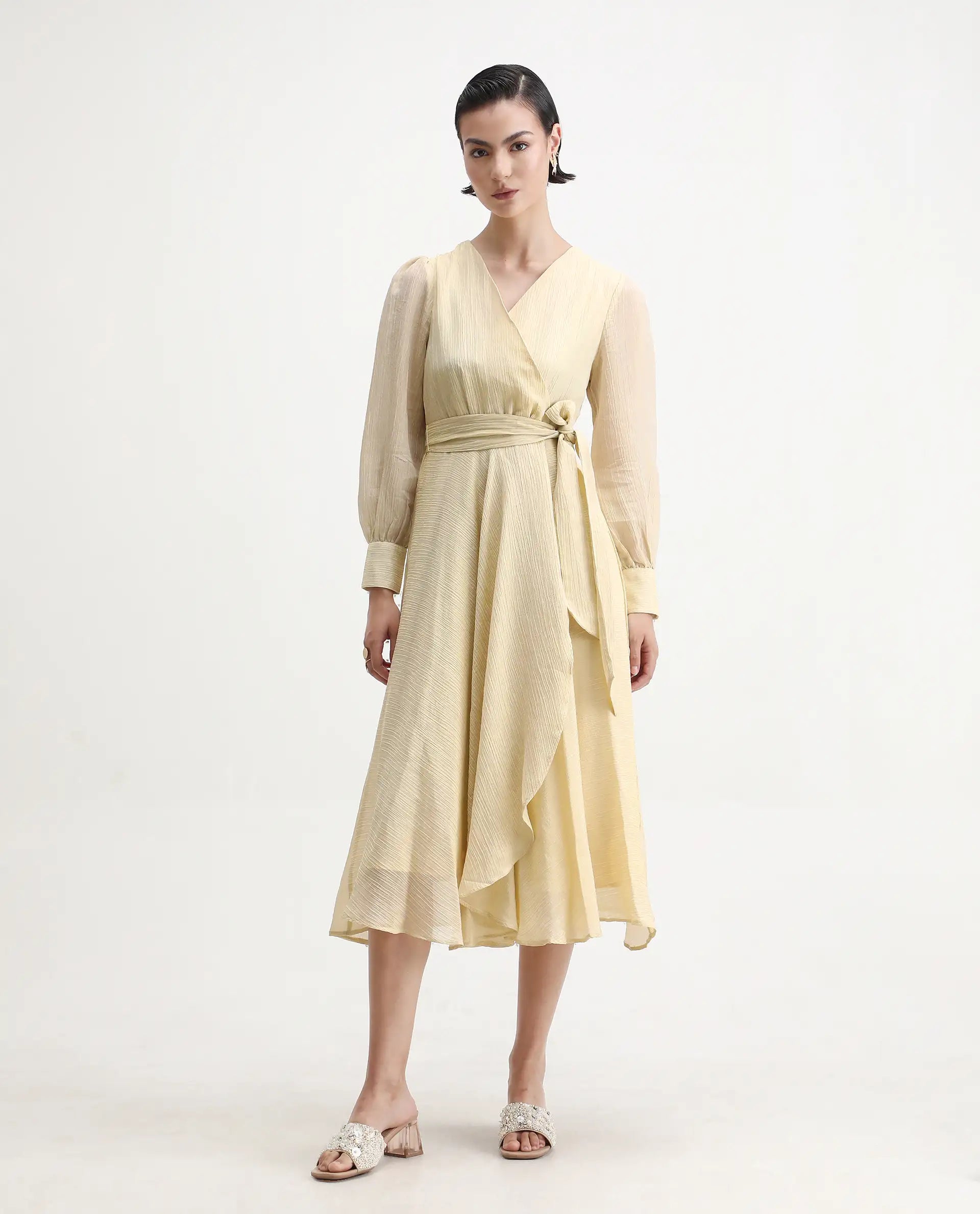 Rareism Women's Avsi Gold Polyester Wrap Neck Fit And Flare Plain Midi Dress