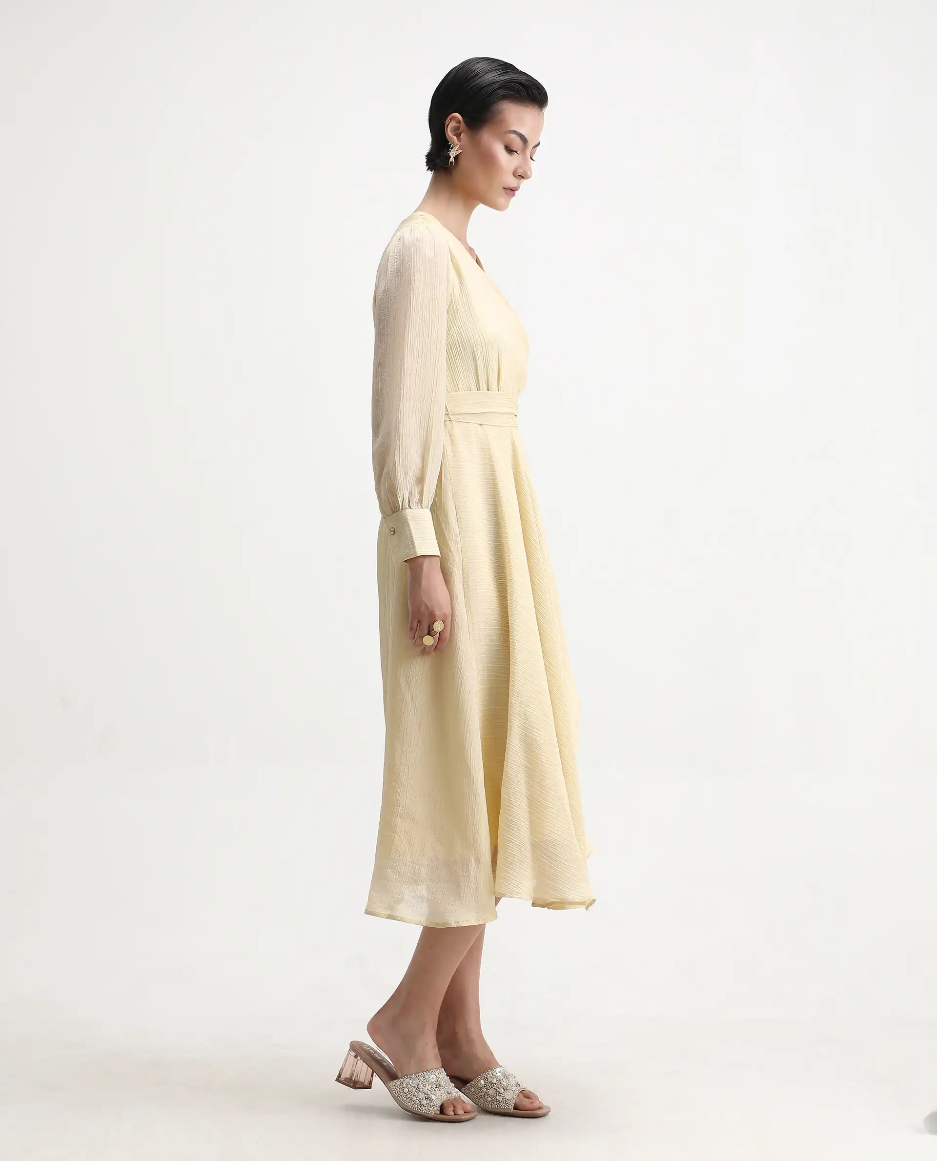 Rareism Women's Avsi Gold Polyester Wrap Neck Fit And Flare Plain Midi Dress