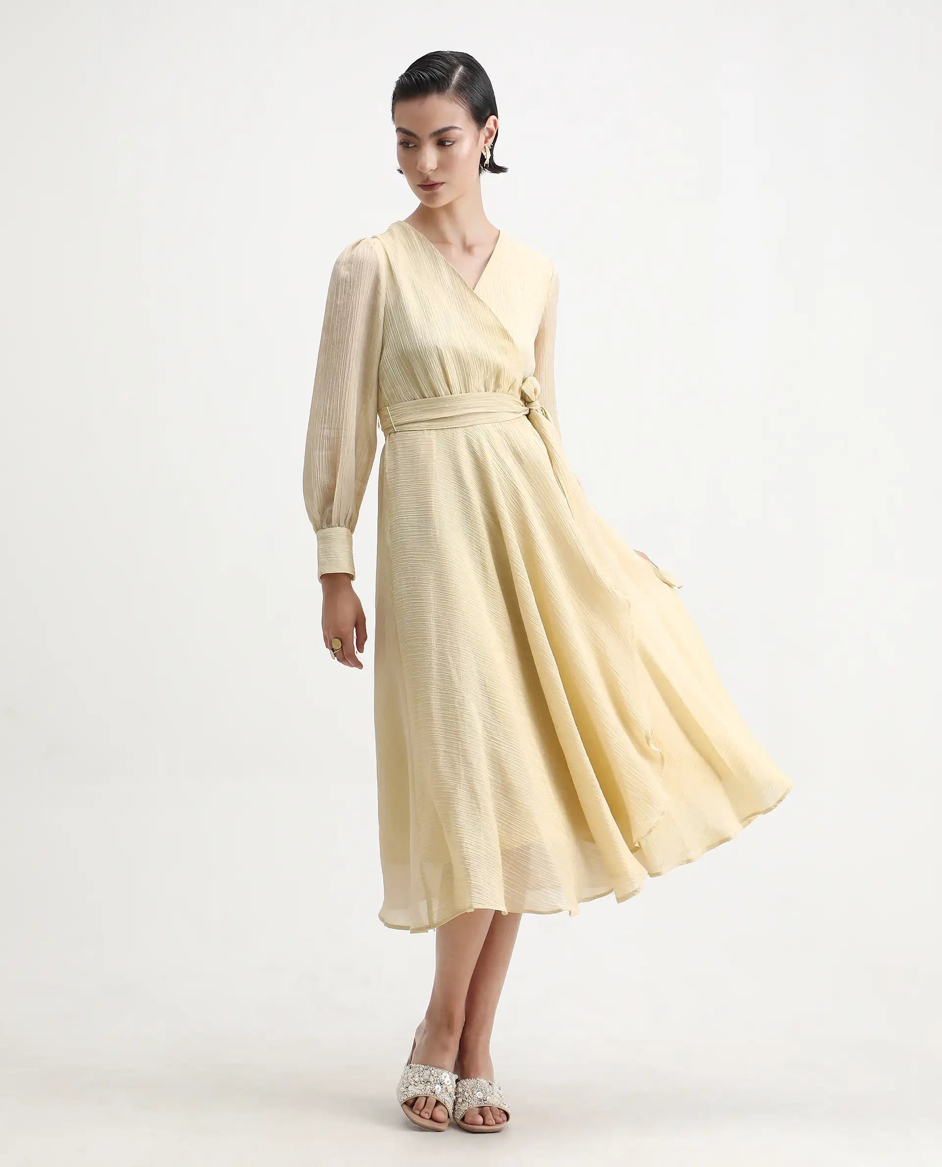 Rareism Women's Avsi Gold Polyester Wrap Neck Fit And Flare Plain Midi Dress