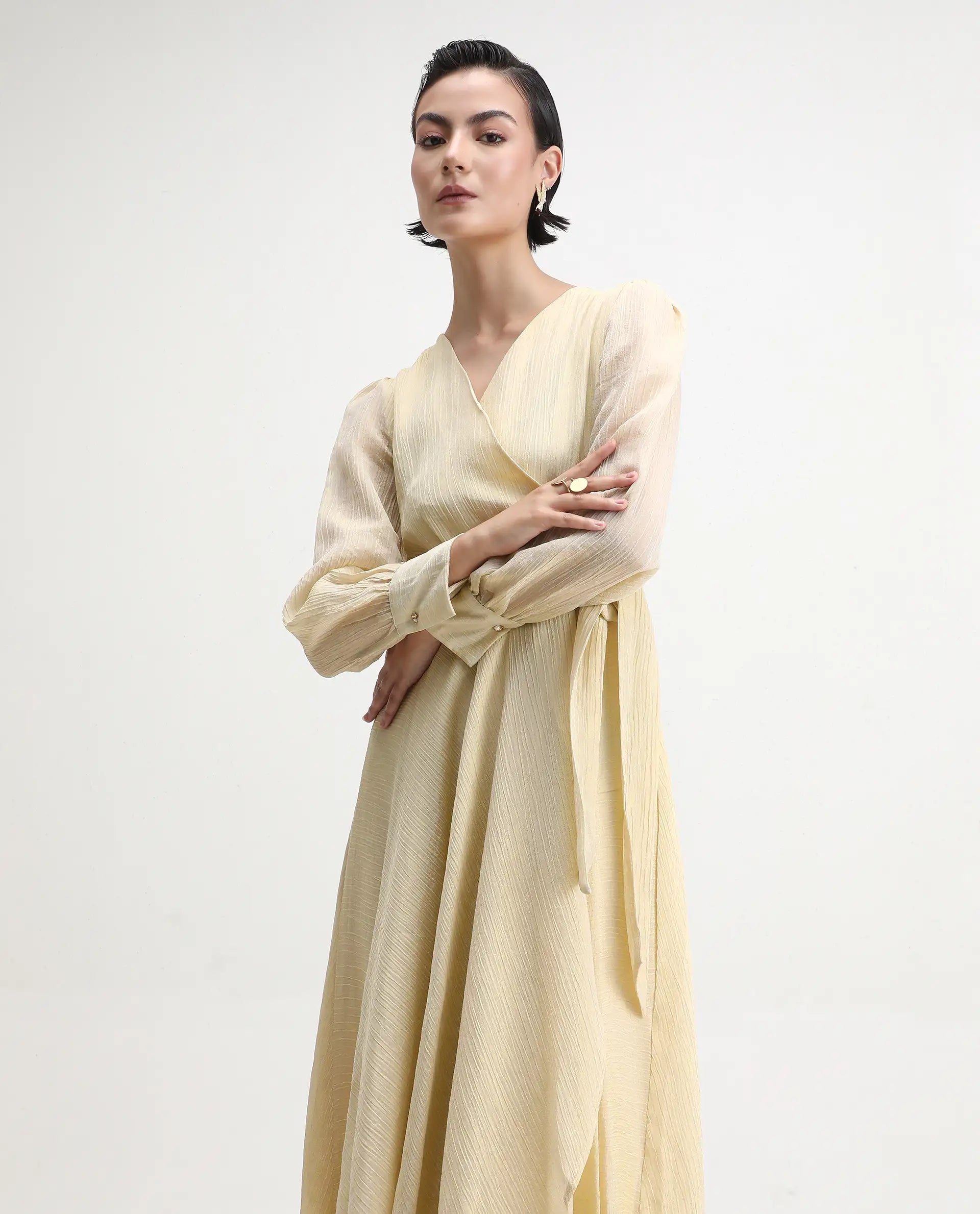 Rareism Women's Avsi Gold Polyester Wrap Neck Fit And Flare Plain Midi Dress