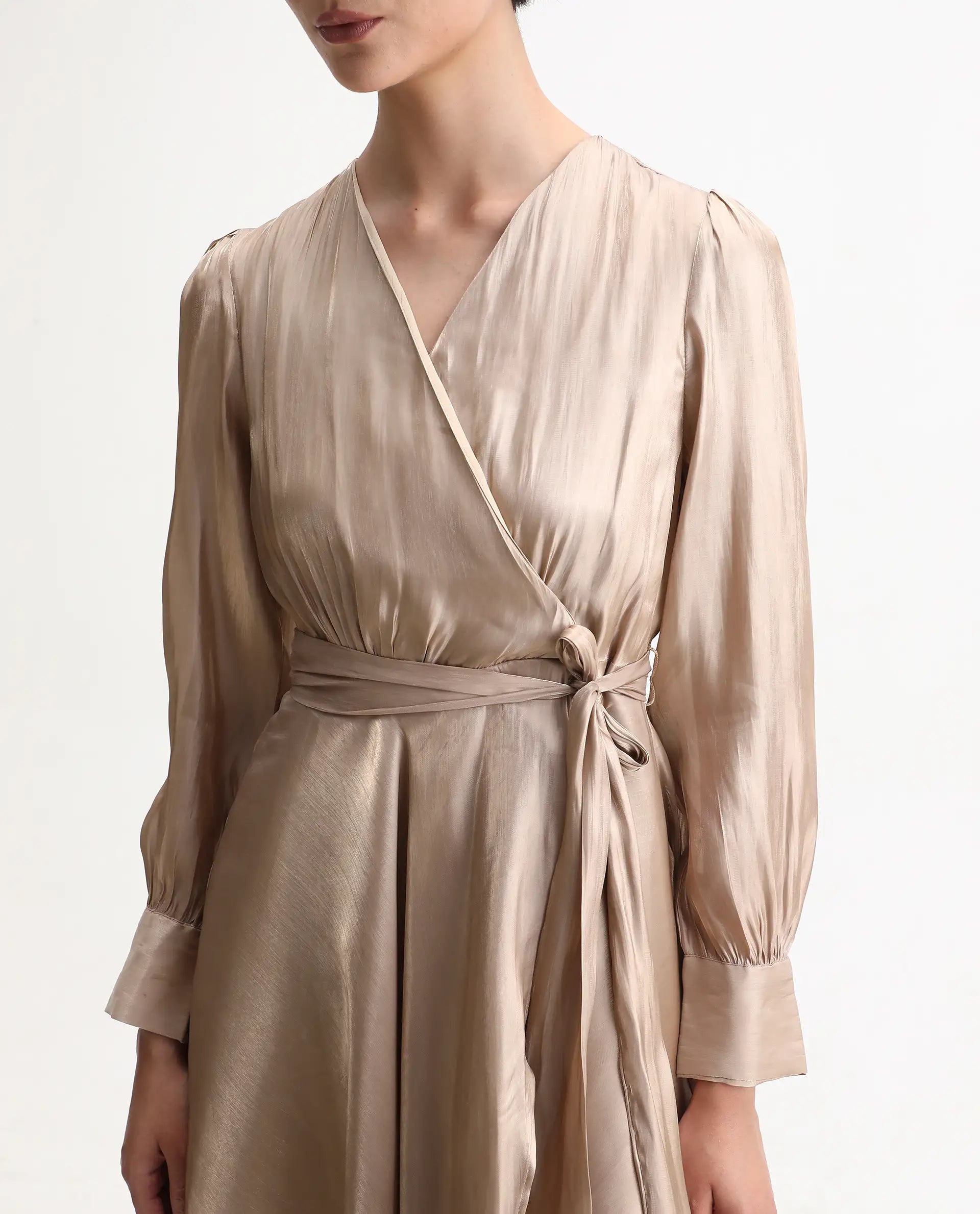 Rareism Women's Avsin Gold Polyester Wrap Neck Fit And Flare Plain Midi Dress