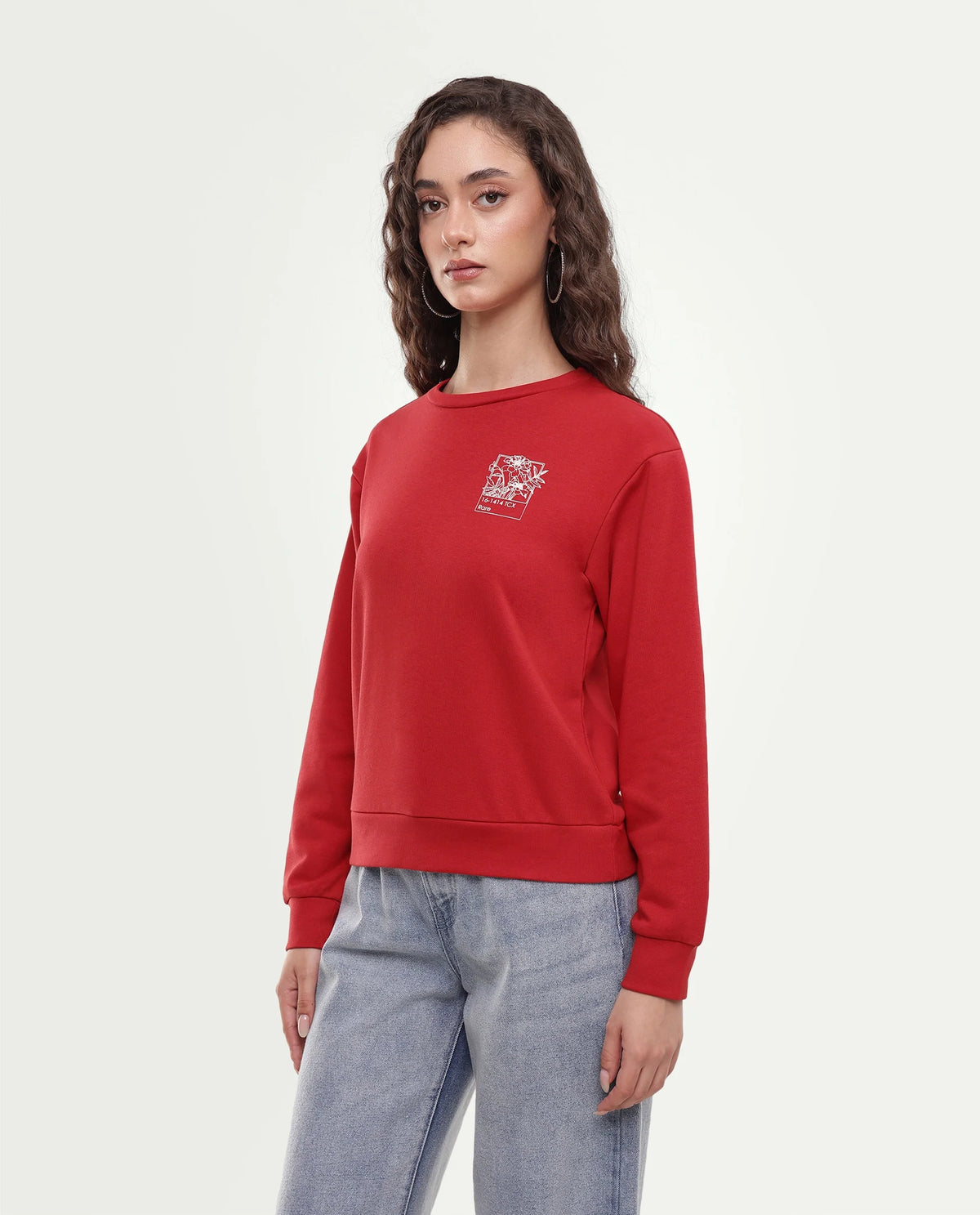 Rareism Women's Pluck Red Cotton Blend Pull-On Relaxed Fit Printed Sweatshirt