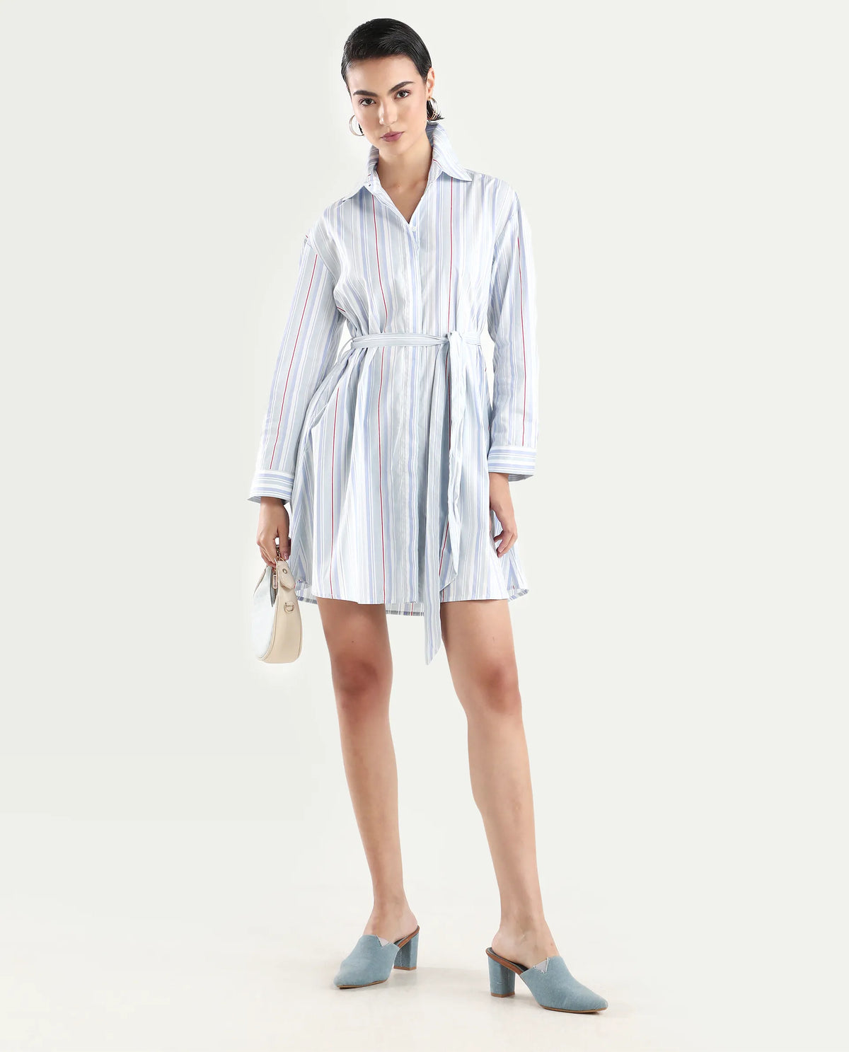 Rareism Women's Aydal Light Drop Collar Striped Cuffed Sleeve Mini Regular Fit Dress