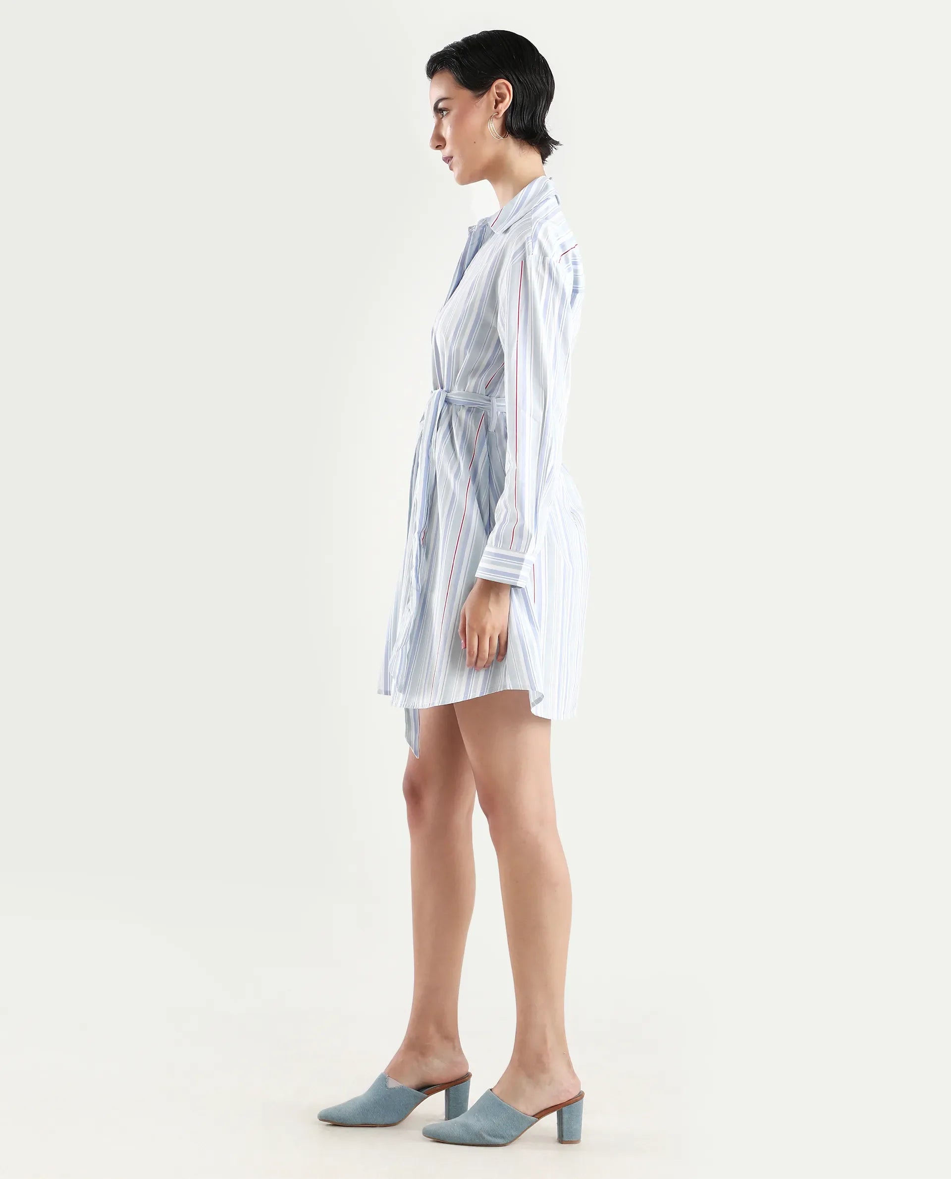 Rareism Women's Aydal Light Drop Collar Striped Cuffed Sleeve Mini Regular Fit Dress