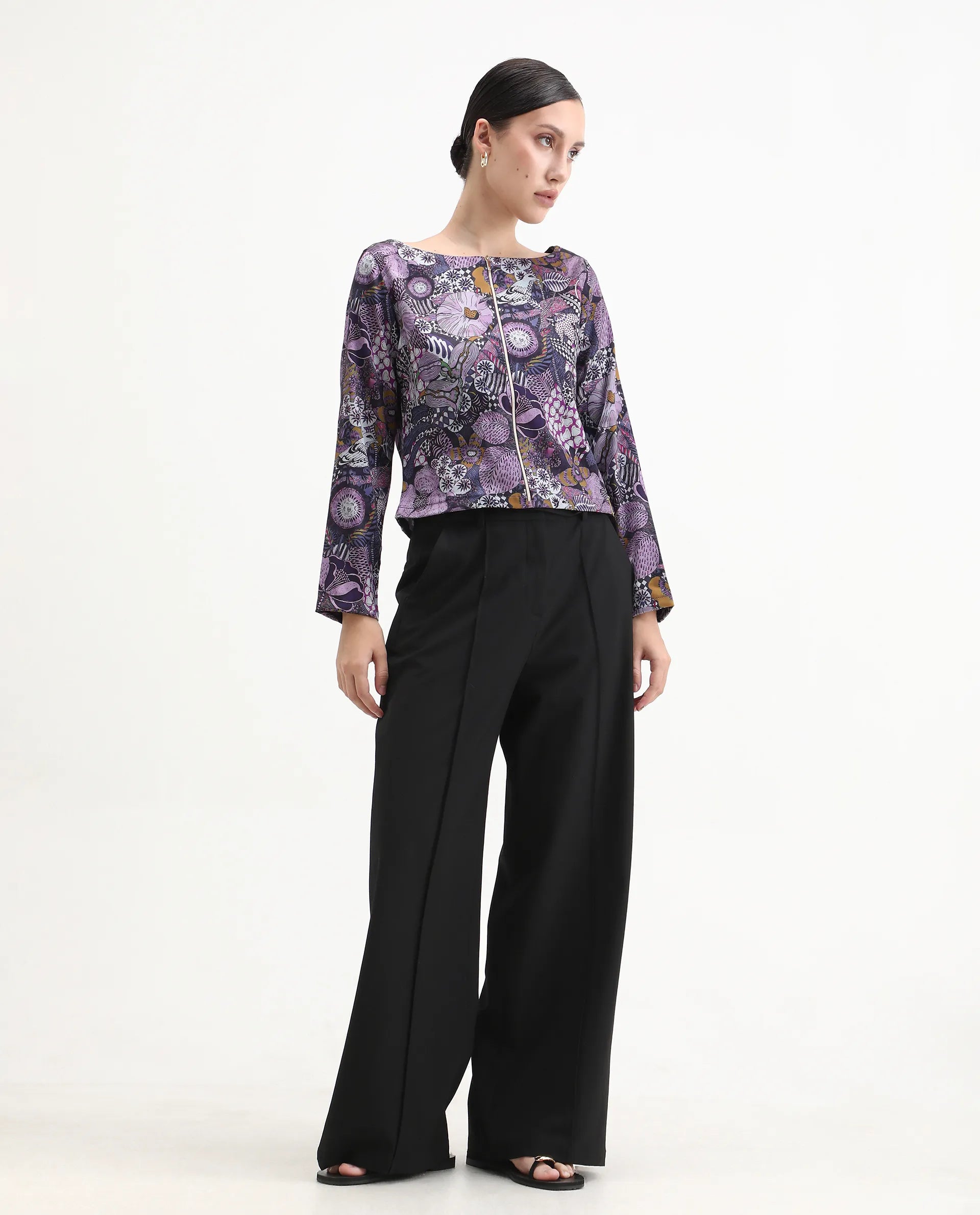 Rareism Women's Aydin Multi Satin Crew Neck Abstract Print Crop Regular Fit Top
