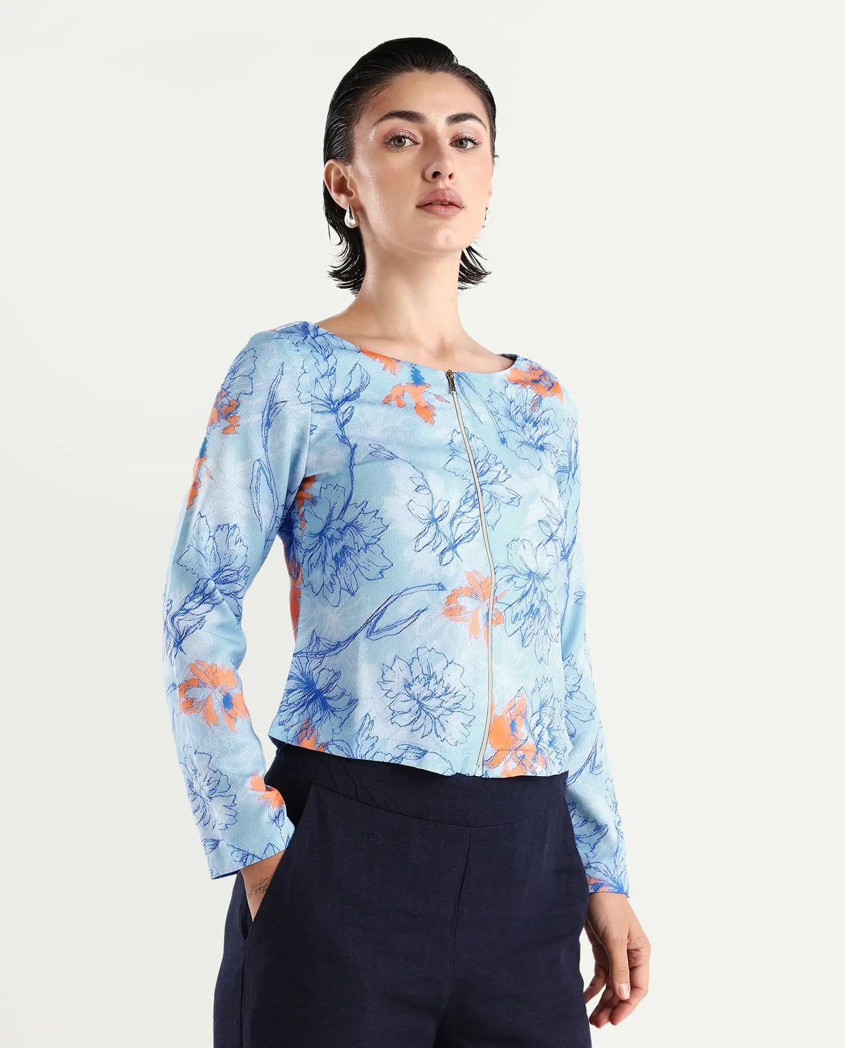 Rareism Women's Aydins Light Multi Satin Crew Neck Floral Print Crop Regular Fit Top