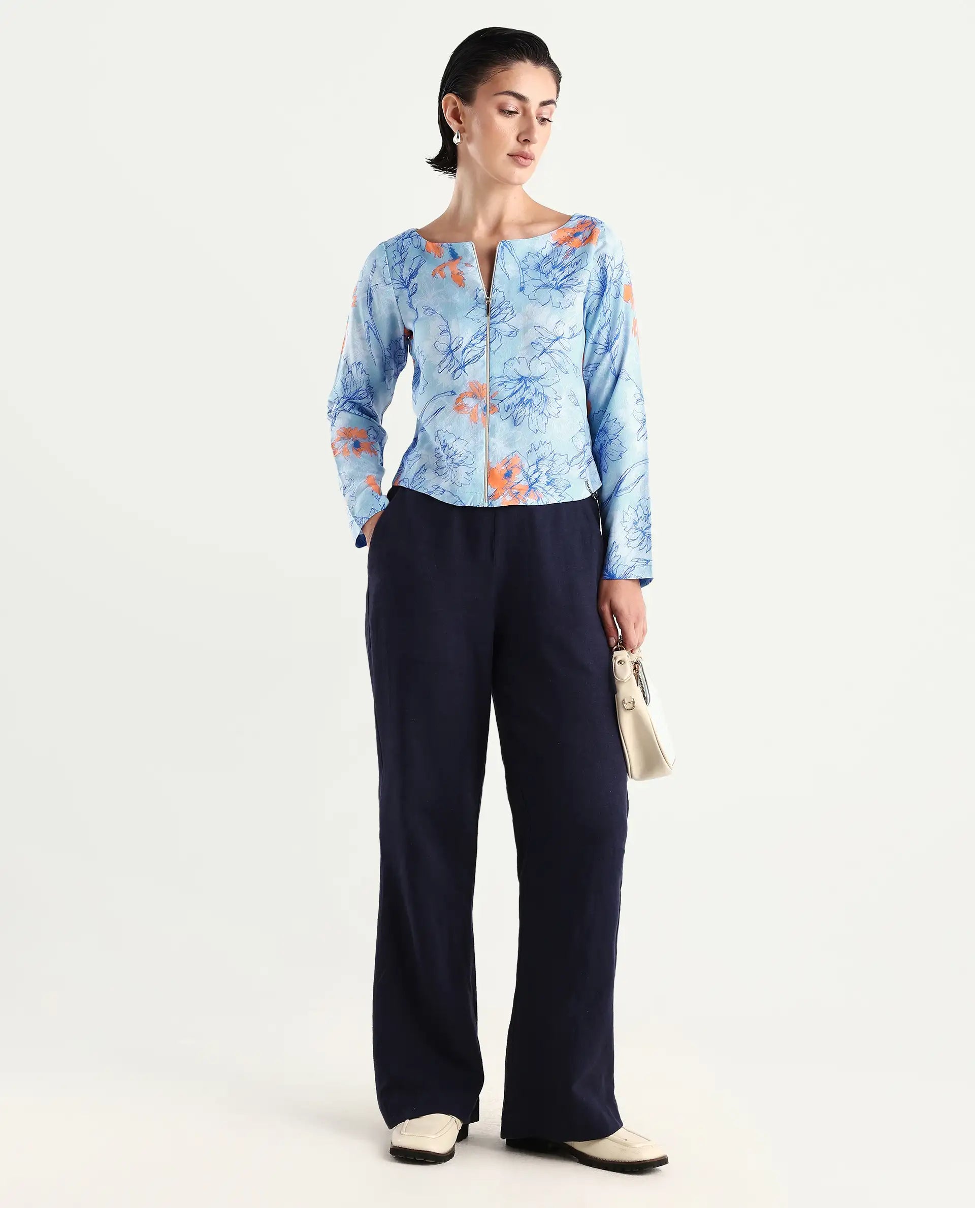 Rareism Women's Aydins Light Multi Satin Crew Neck Floral Print Crop Regular Fit Top