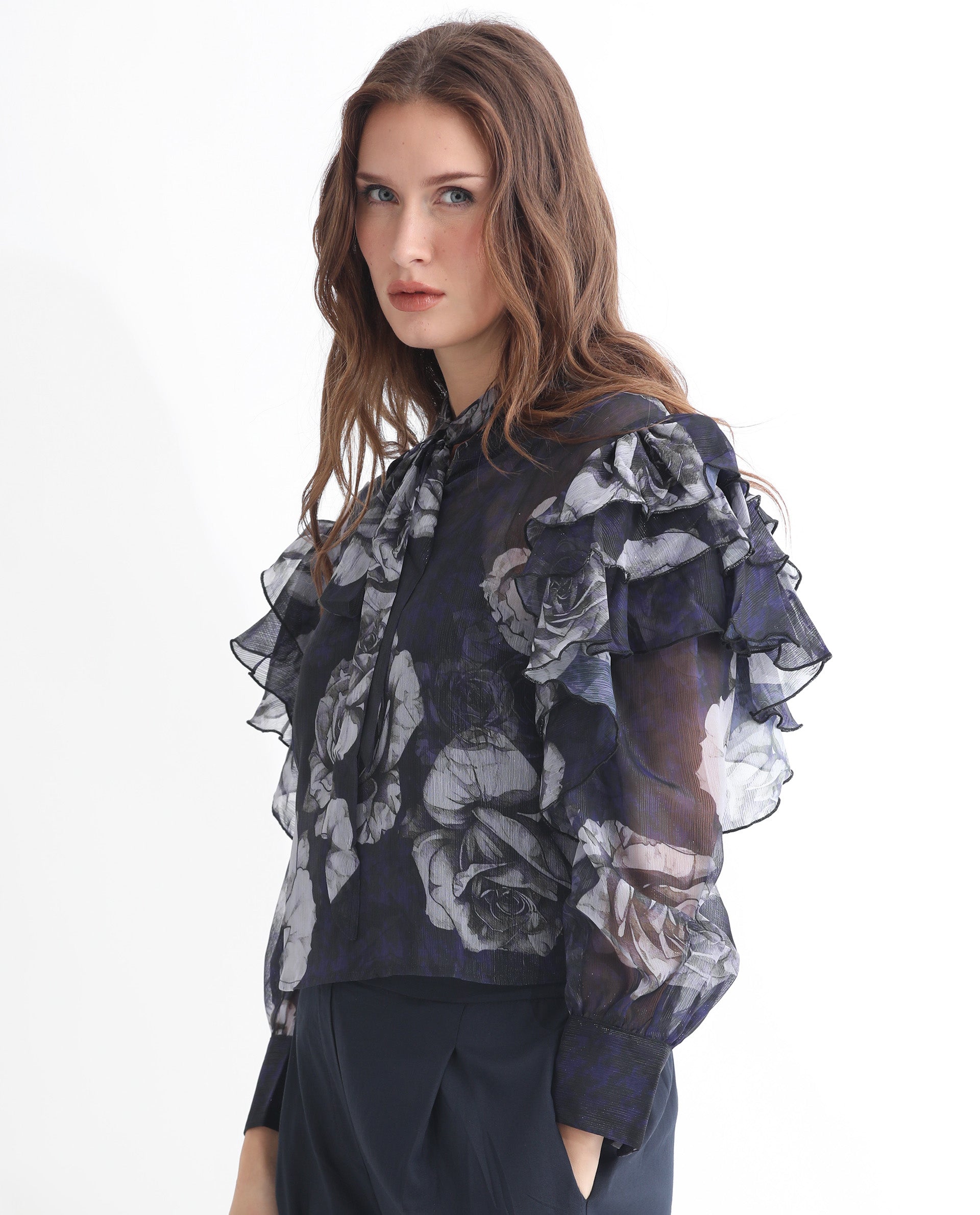 Rareism Women's Ayka Dusky Purple Polyester V-Neck Floral Print Cuffed Sleeve Regular Fit Top