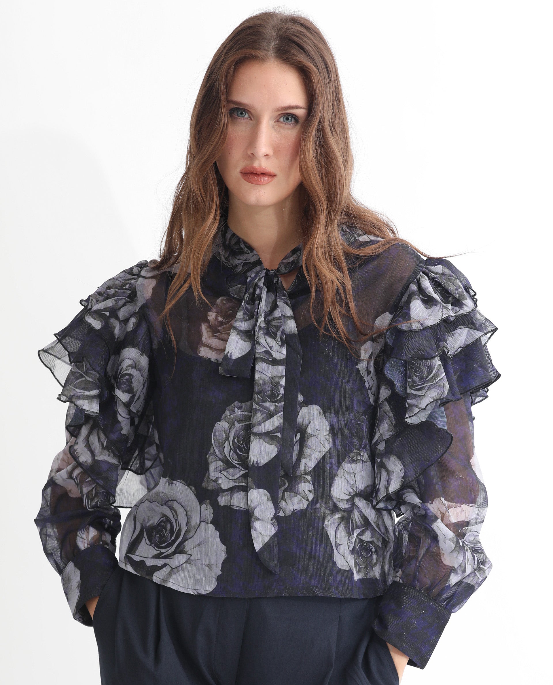 Rareism Women's Ayka Dusky Purple Polyester V-Neck Floral Print Cuffed Sleeve Regular Fit Top