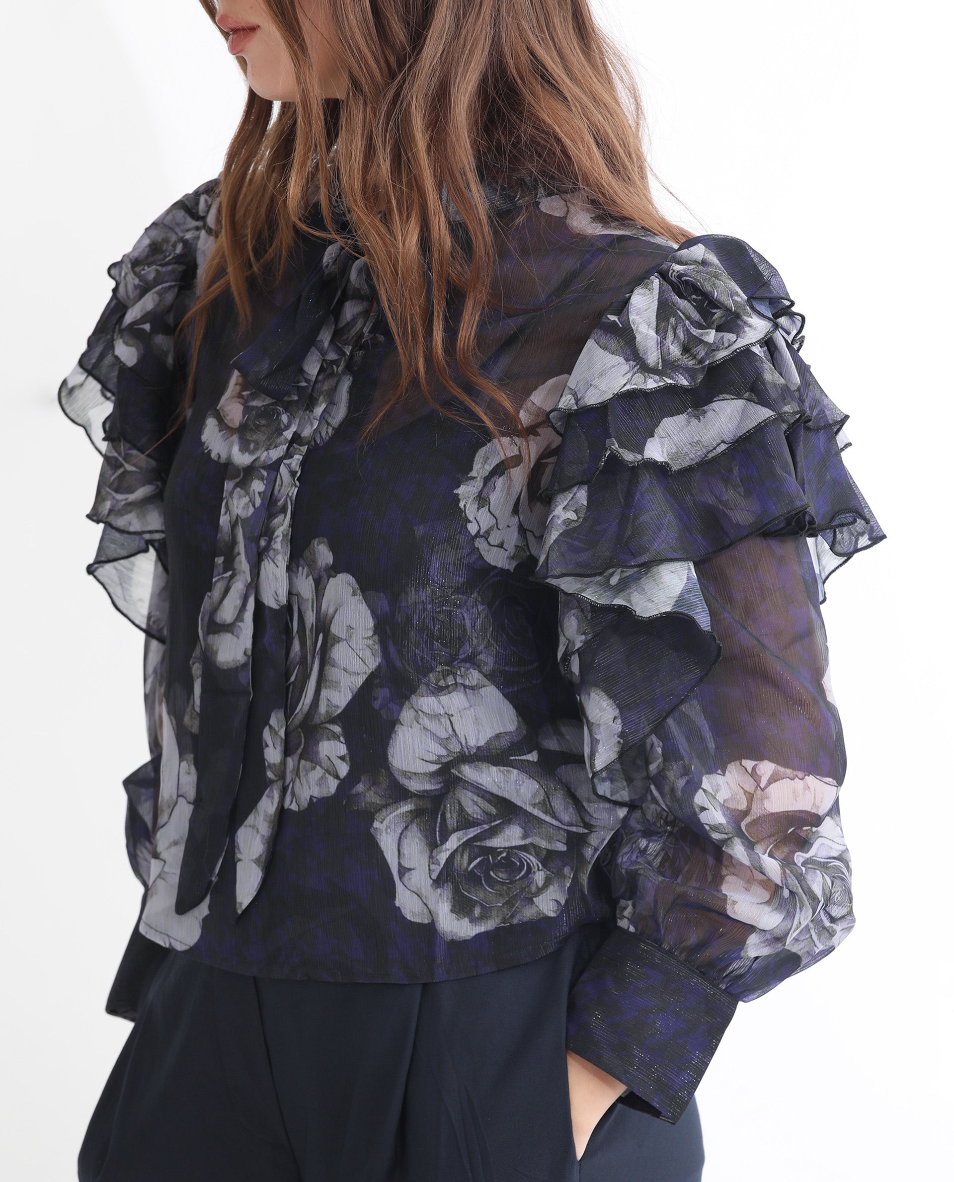 Rareism Women's Ayka Dusky Purple Polyester V-Neck Floral Print Cuffed Sleeve Regular Fit Top