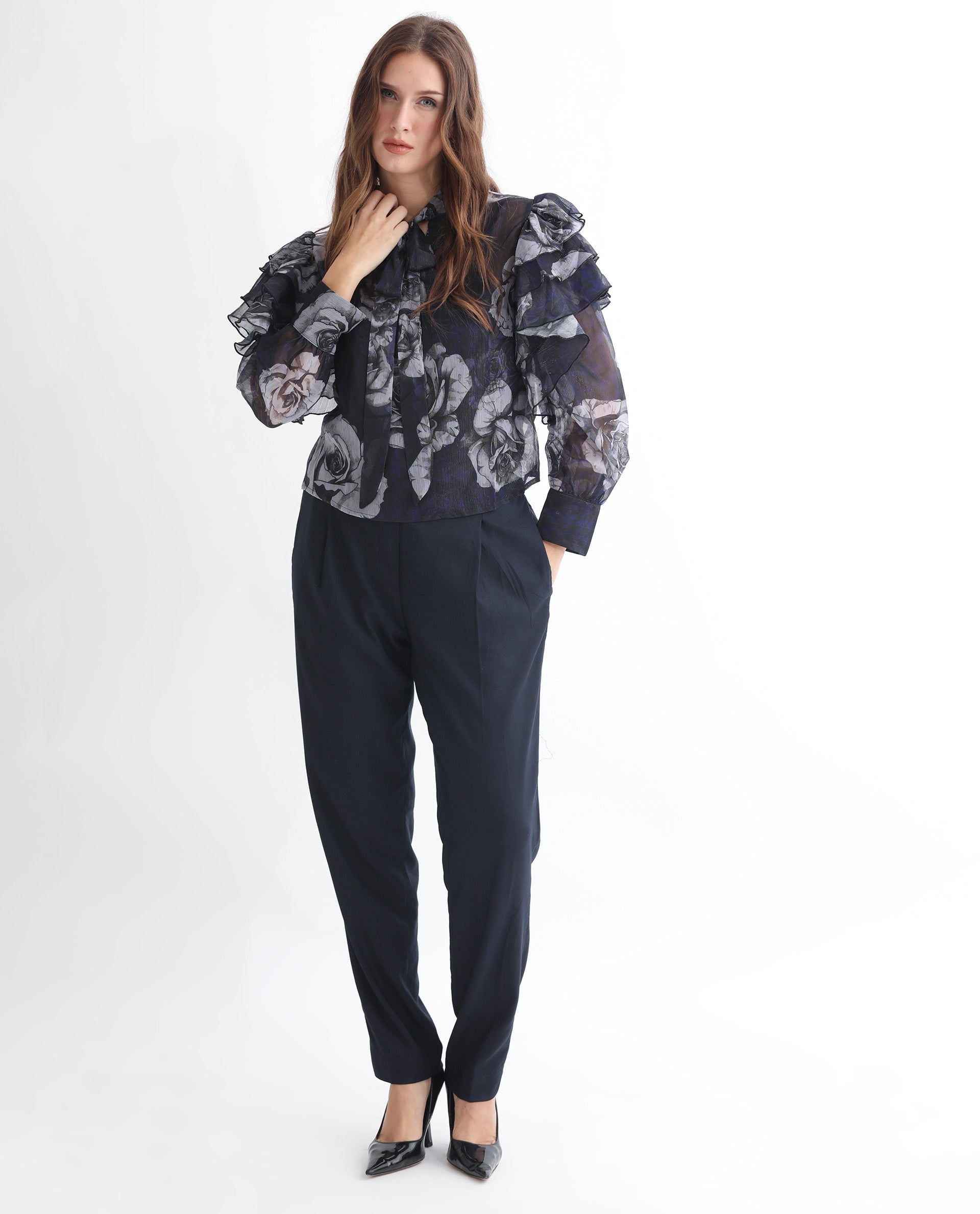 Rareism Women's Ayka Dusky Purple Polyester V-Neck Floral Print Cuffed Sleeve Regular Fit Top