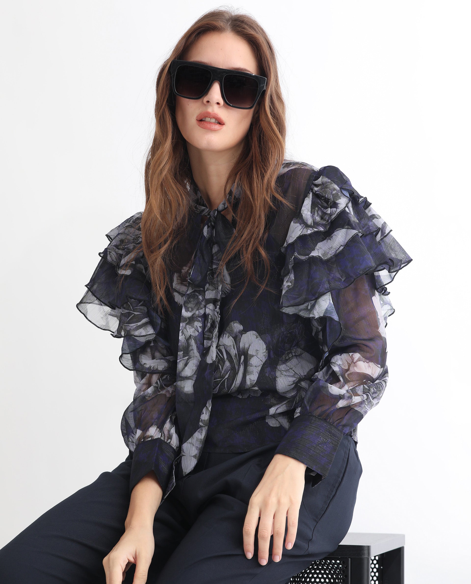 Rareism Women's Ayka Dusky Purple Polyester V-Neck Floral Print Cuffed Sleeve Regular Fit Top