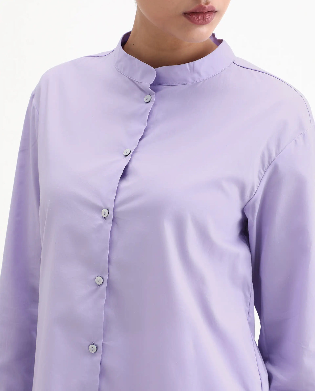 Rareism Women's Aytac Light Purple Cotton Mandarin Collar Plain Cuffed Sleeve Regular Fit Top